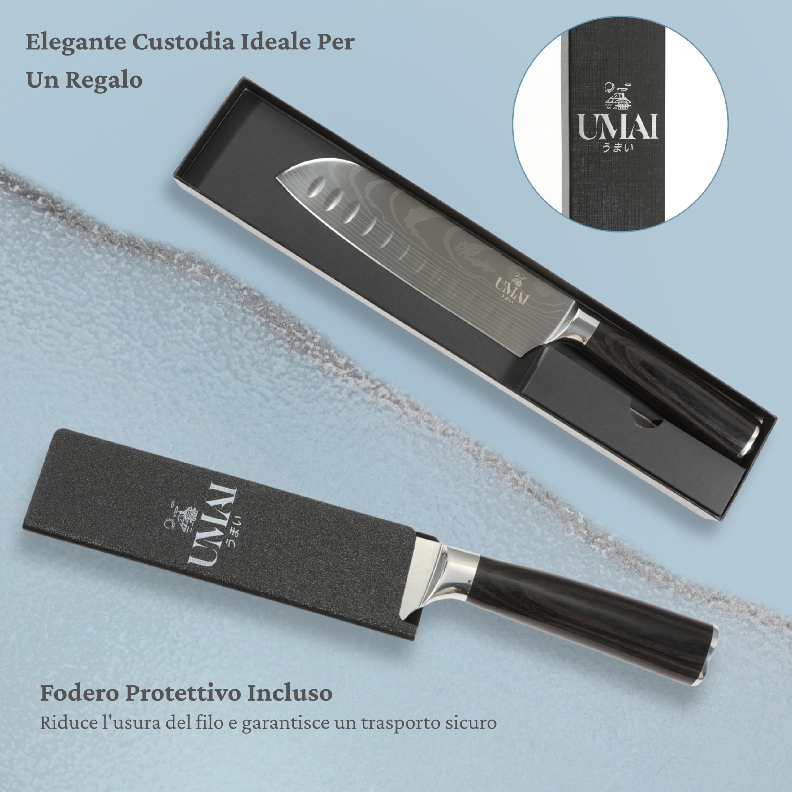 UMAI Coltello Santoku 18 cm (7") – Coltello da cucina giapponese in acciaio inossidabile 7Cr17MoV con motivo Damasco – Manico ergonomico in legno Pakka, lama alveolata – Custodia protettiva inclusa