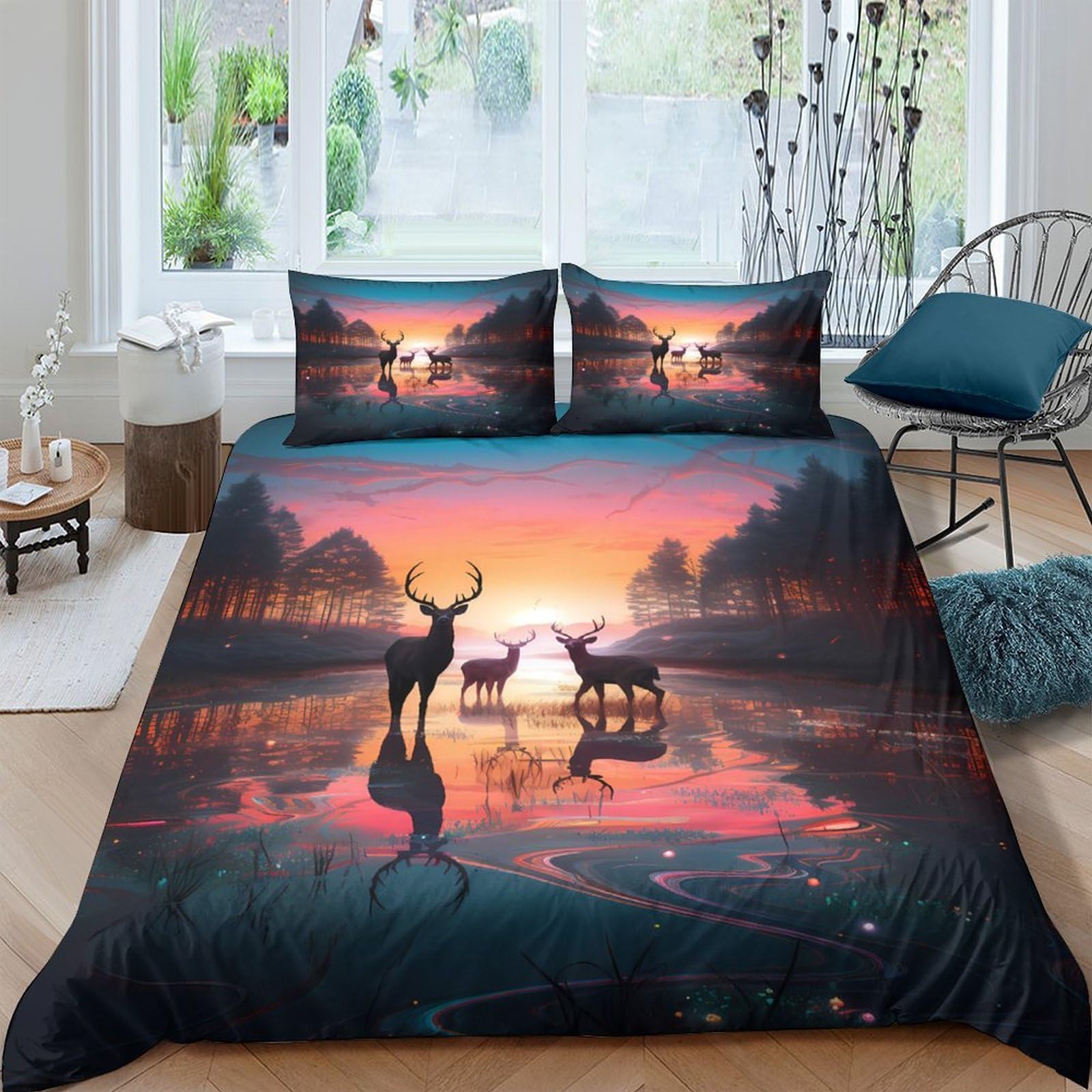 Ctjqhvkz Style-2 3D Printed Sunset Forest Fitted Sheet Microfiber Soft Breathable Deer Lake Mattress Cover Bedroom Decor Single（135X200cm）