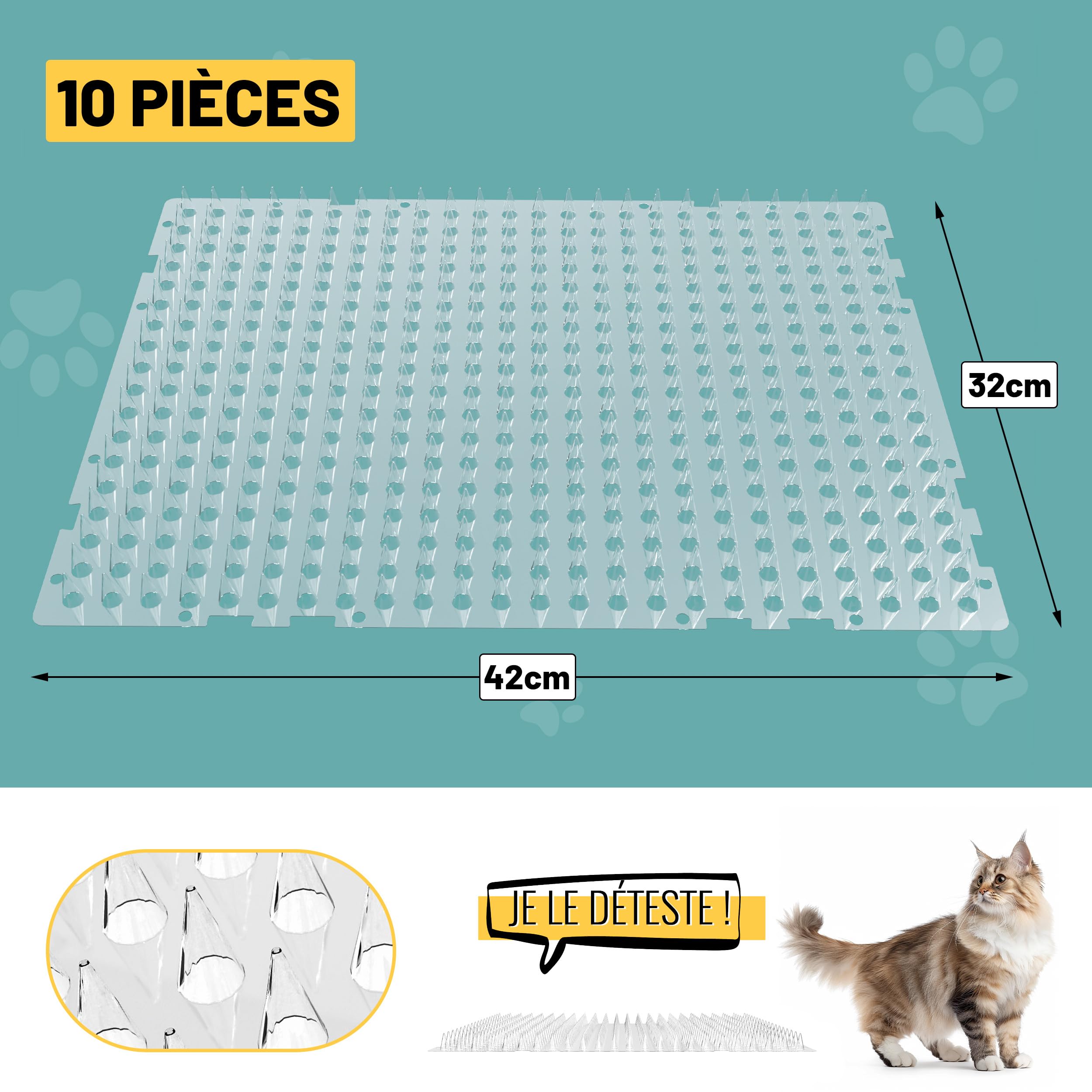 Tapis Anti-Chat 10 Pack - 42cm×32cm Tapis Anti Chat with Spikes Outdoor, Tapis pour Chat with 100 Stickers