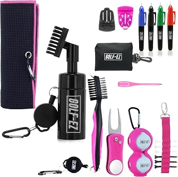 Golf Essentials Kit | Must-Have Accessories Water Brush, Towel, Club Brush, Ball Marker, Divot Repair Tool, Ball & Tee Holder, Golf Gifts for Men & Women