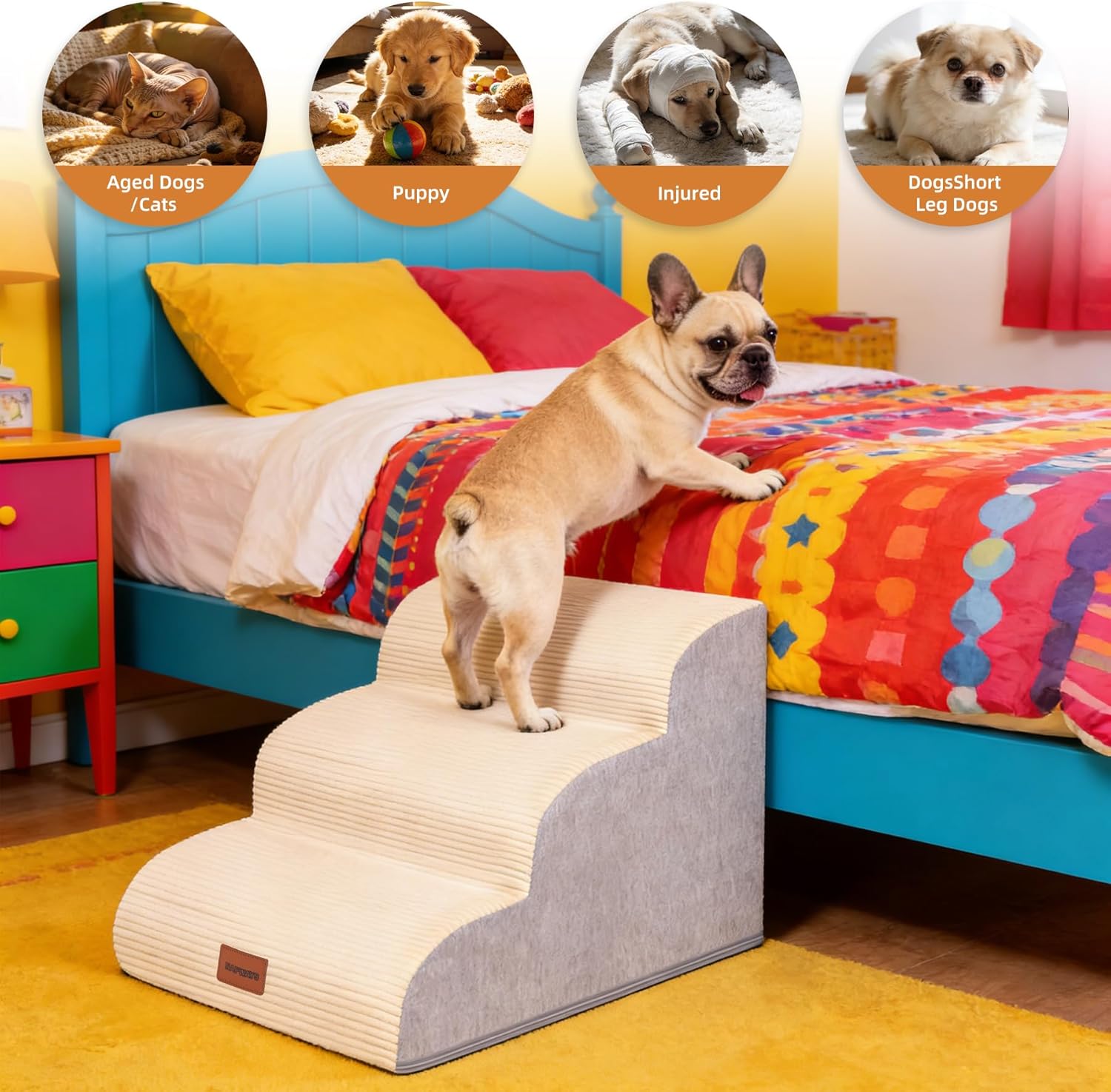 Dog Stairs for Small Dogs and Cats, 15.7" H, 3-Step Curved Pet Ramp for Couch Sofa and Chair, Non-Slip Medium Pet Steps with High Density Foam, Beige