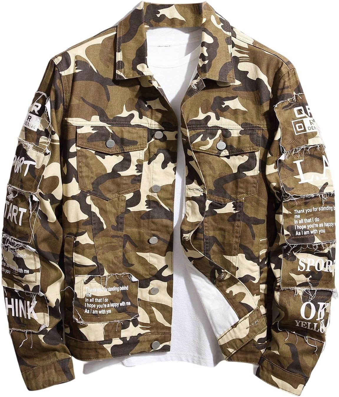 SOLY HUX Men's Denim Jacket Letter Graphic Button Down Flap Pocket Long Sleeve Streetwear Jacket