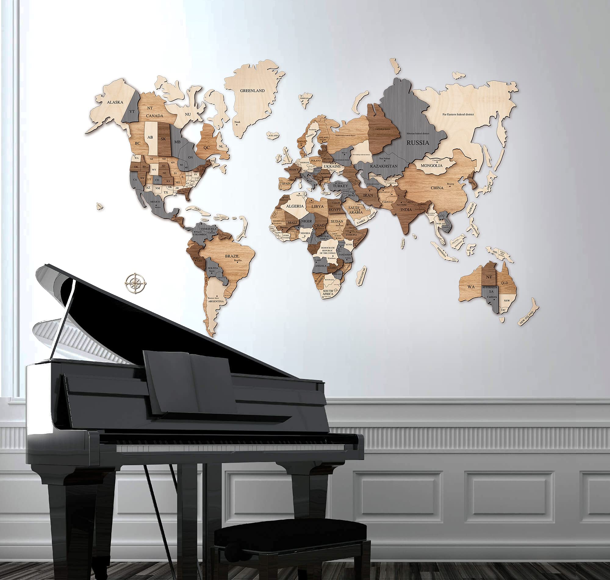 Kimy Design - Mappa del Mondo da Parete in Legno Original | Dimensioni 80x123cm | Planisfero Geografico a Puzzle 3D per Decorare i tuoi Ambienti: Soggiorno, Ufficio, Camera - Wooden World Map 3D