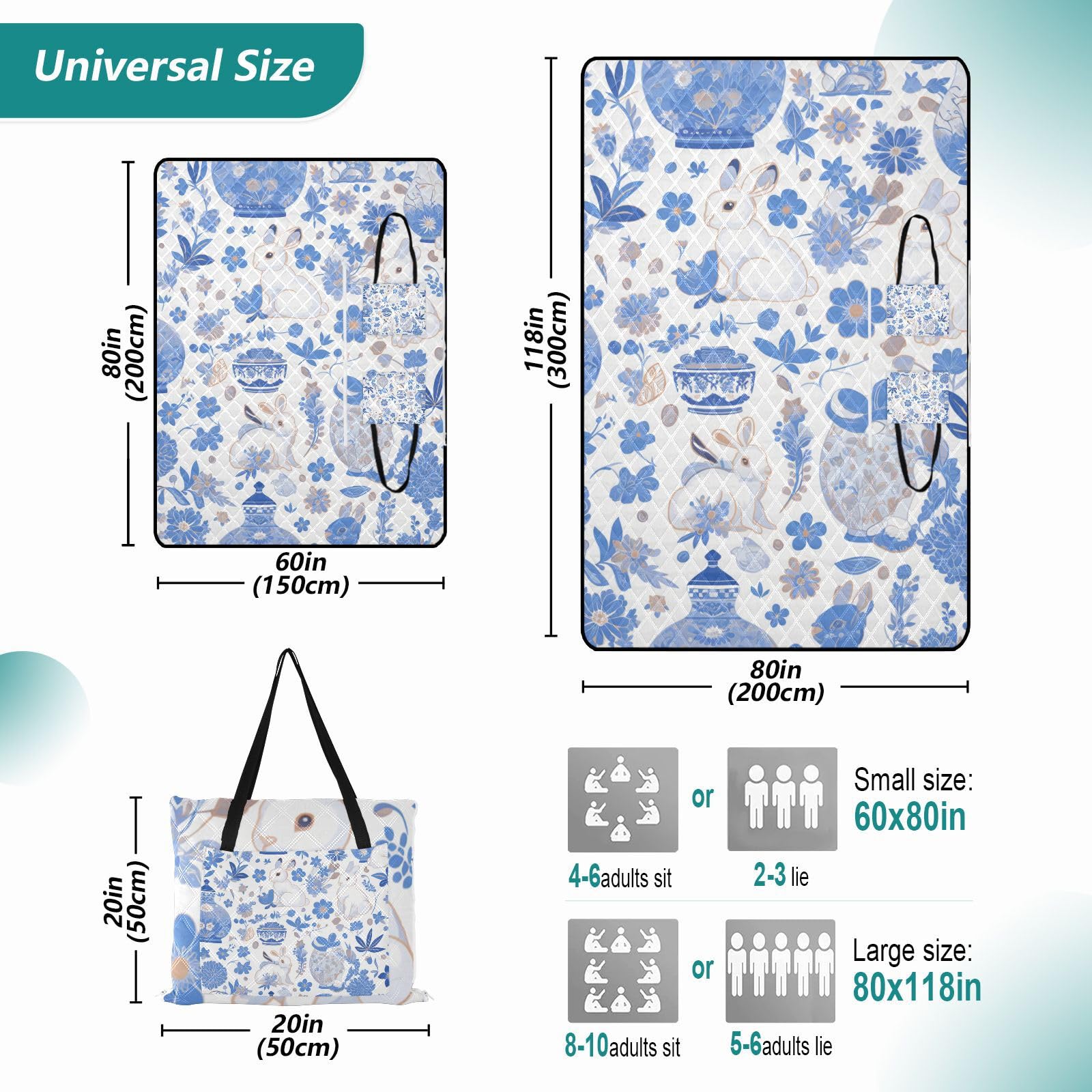 Juego de picnic impermeable de color azul conejo, manta portátil para picnic de playa, para hierba, artículos de picnic, cobijas para picnic