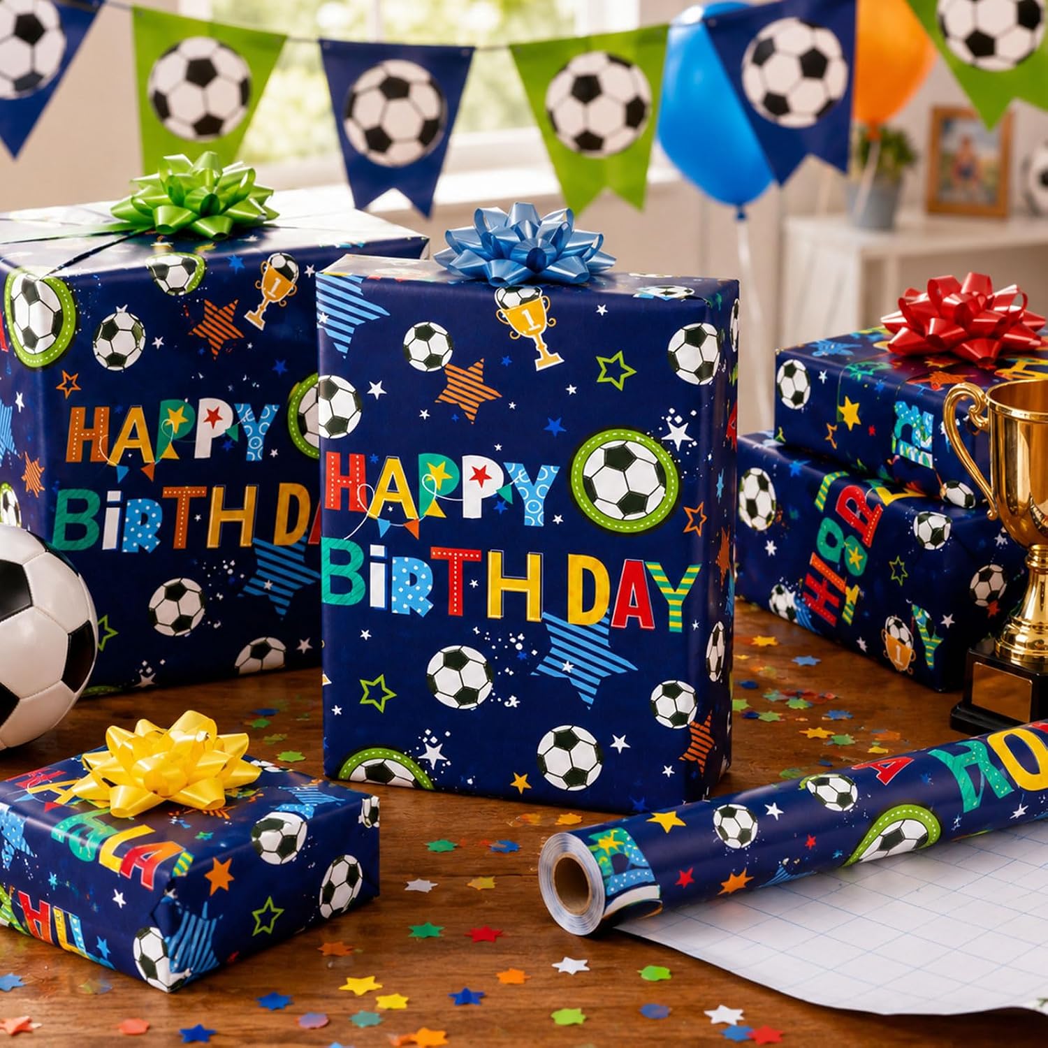 Burymento Soccer Birthday Wrapping Paper Roll - 17 in x 16.4 ft, Happy Birthday Gift Wrap for Men Teens Boys, Football Sport Theme Boy Wrapping Paper for Fathers Day, World Cup, Holiday, Graduation