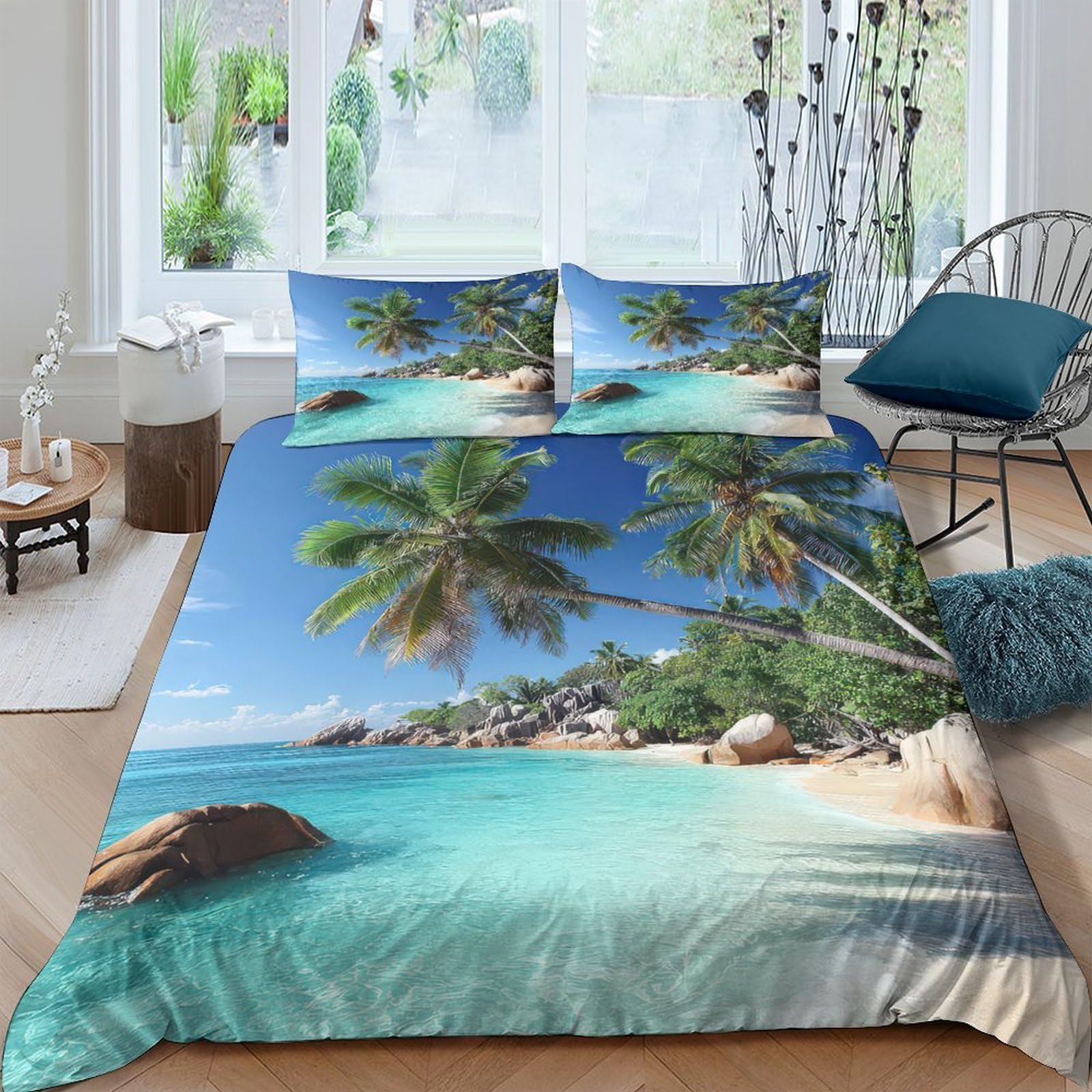 Ctjqhvkz Style-8 3D Printed Tropical Beach Fitted Sheet Microfiber Soft Palm Island Bed Cover For Bedroom Guest Room Decor Single（135X200cm）