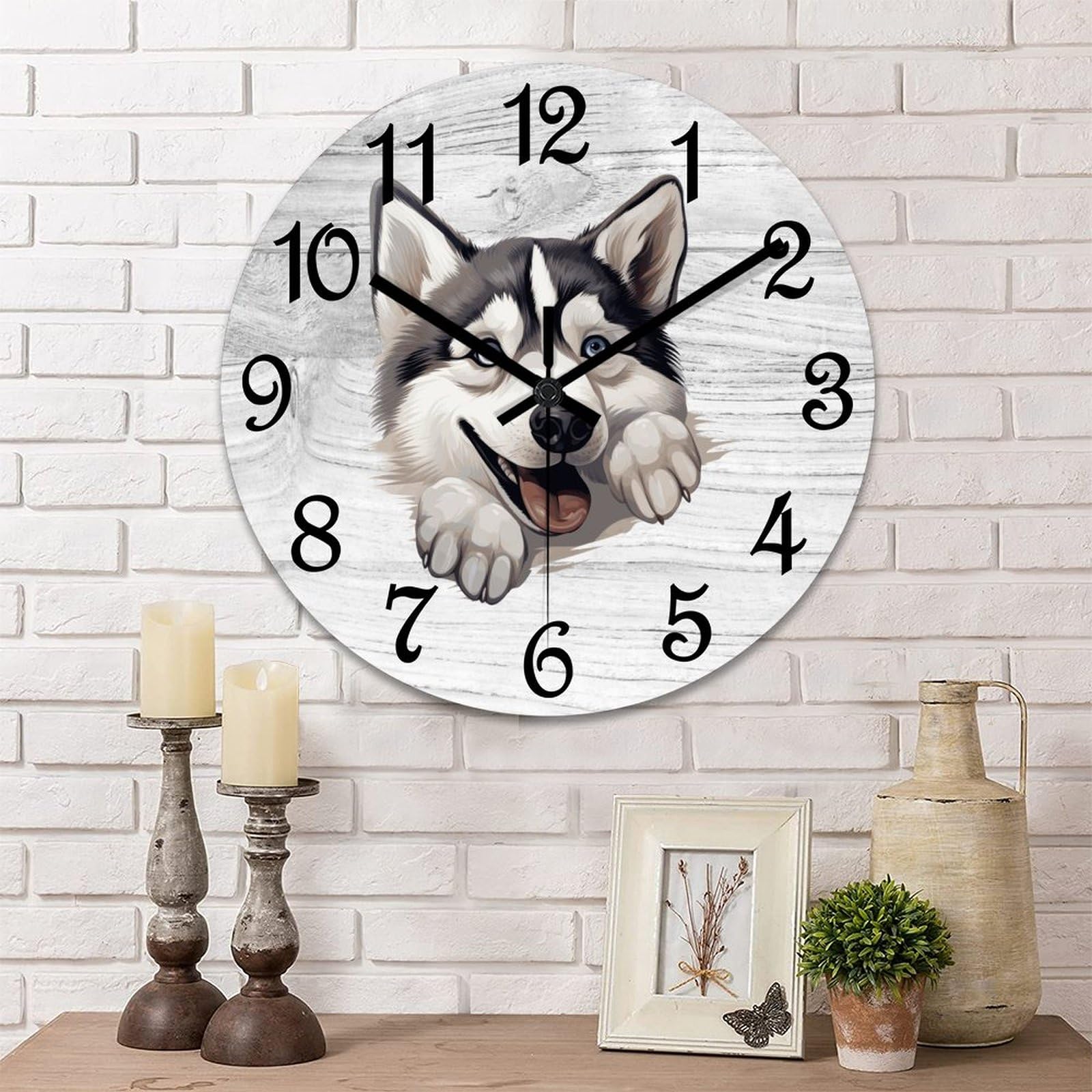 Horloge murale Husky de Sibérie bois silencieuse salon et chambre