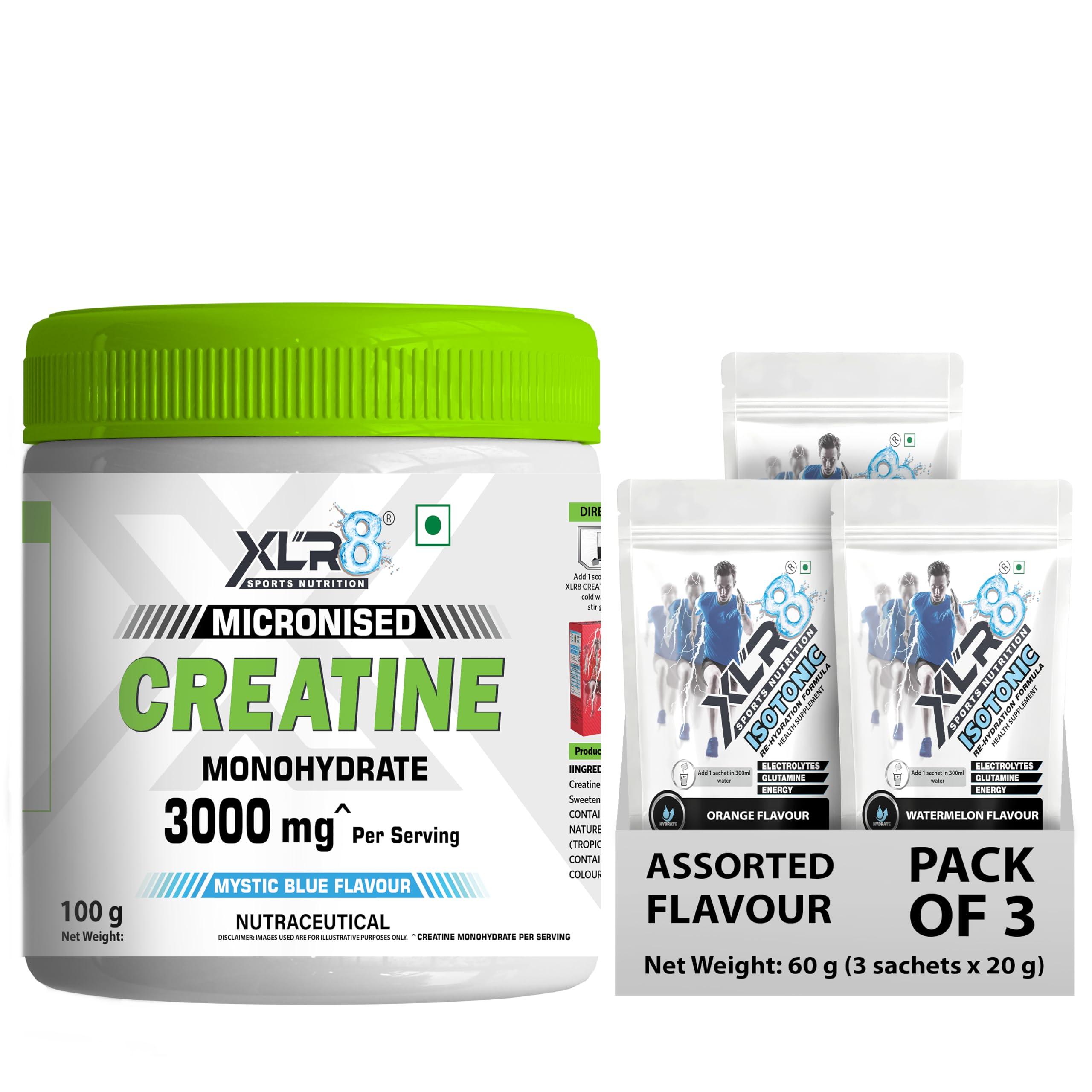 XLR8 Creatine Monohydrate Powder Micronized | Mystic Blue, 100g with Isotonic Energy Drink, Electrolyte Powder (Assorted, 60g) | Pre & Post Workout Supplement | Muscle Growth & Extended Workouts