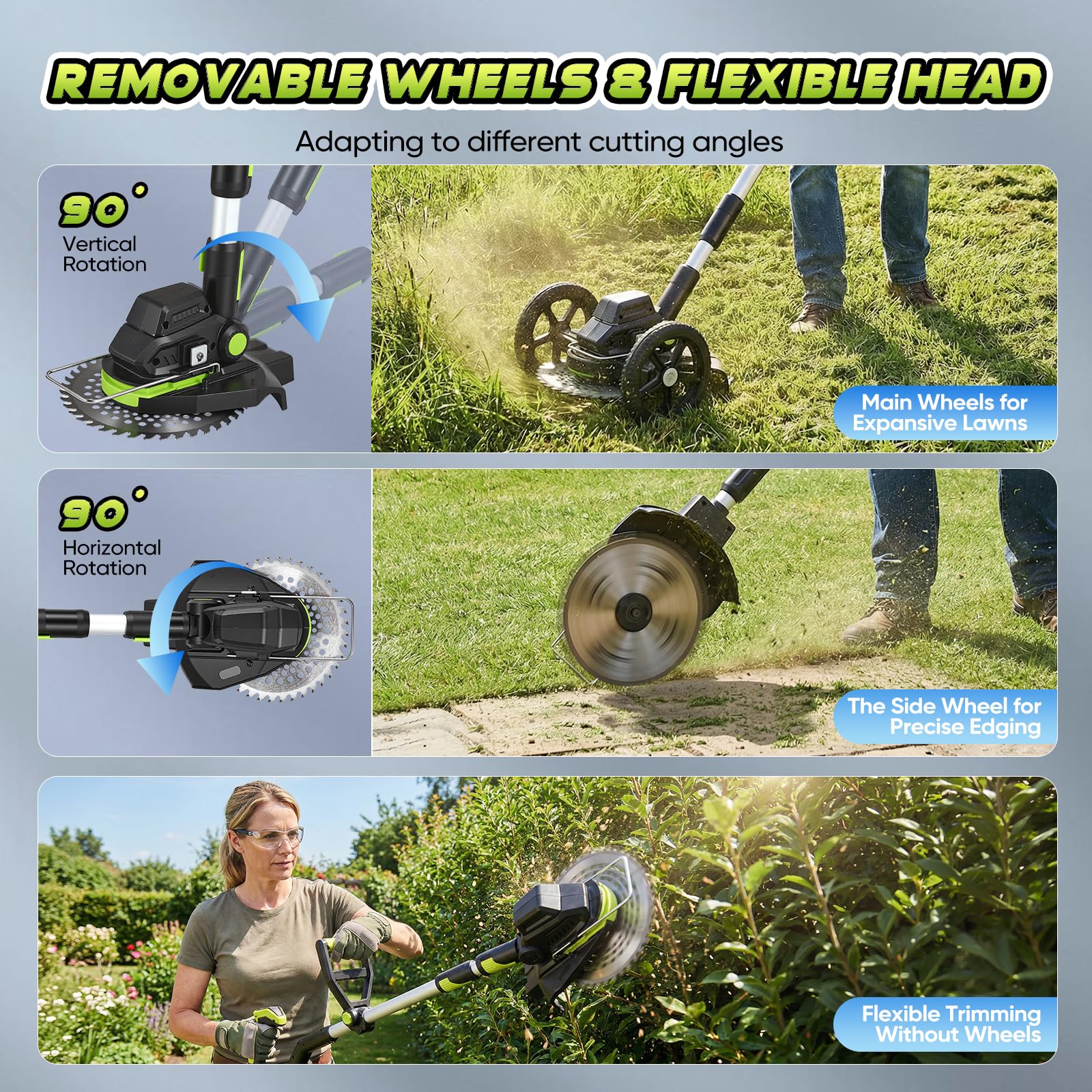 Débroussailleuse sans fil 850 W 5 en 1 avec écran LCD et roues, kit de coupe-bordures télescopique avec 2 batteries de 4,0 Ah et 5 lames pour pelouse, mauvaises herbes, arêtes et bords