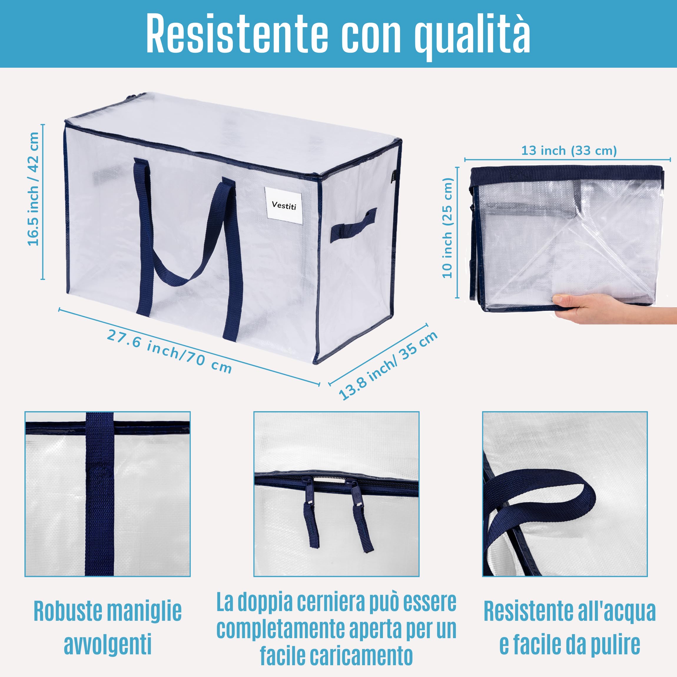 VENO Set da 4 Borse per traslochi extra grandi con cerniere e maniglie per il trasporto, scatole trasloco resistenti per risparmiare spazio (Azzurro, Set da 4