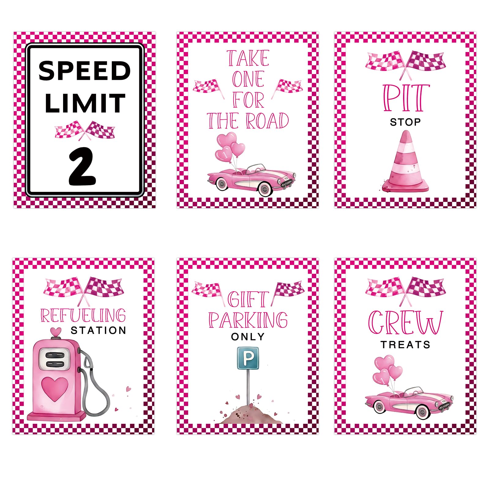 Photo 1 of Pink Race Car 2nd Birthday Party Signs, Speed Limit,Birthday Decorations for Girl, Fast One Birthday Table Decor, Racing Fans Welcome Porch Sign for Girl Let's Go Racing Party Supplies for Race Fans