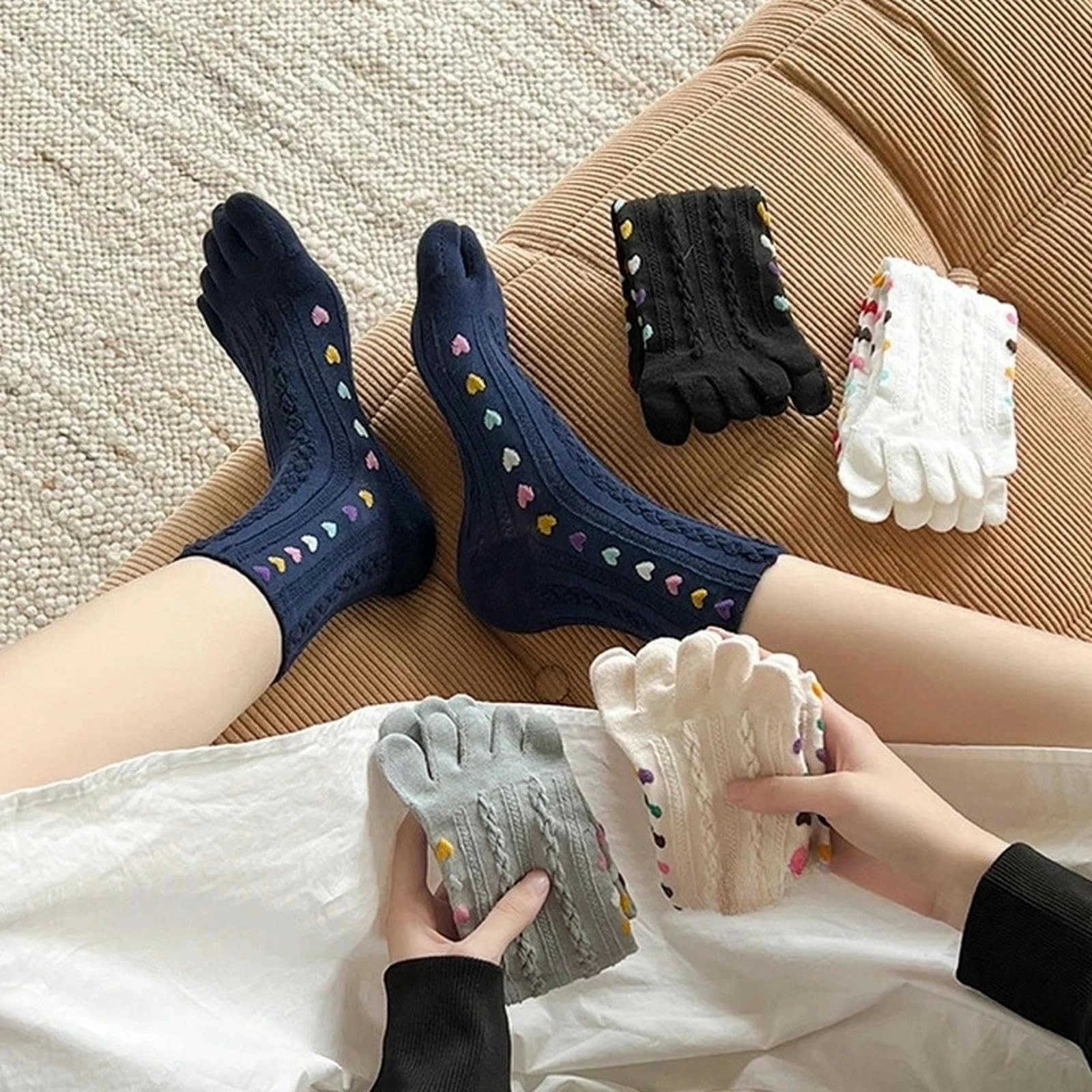 Zehensocken 5pc Fünf-Finger-Socken Für Mädchen Reine Baumwolle 3D Jacquard Retro Color Heart