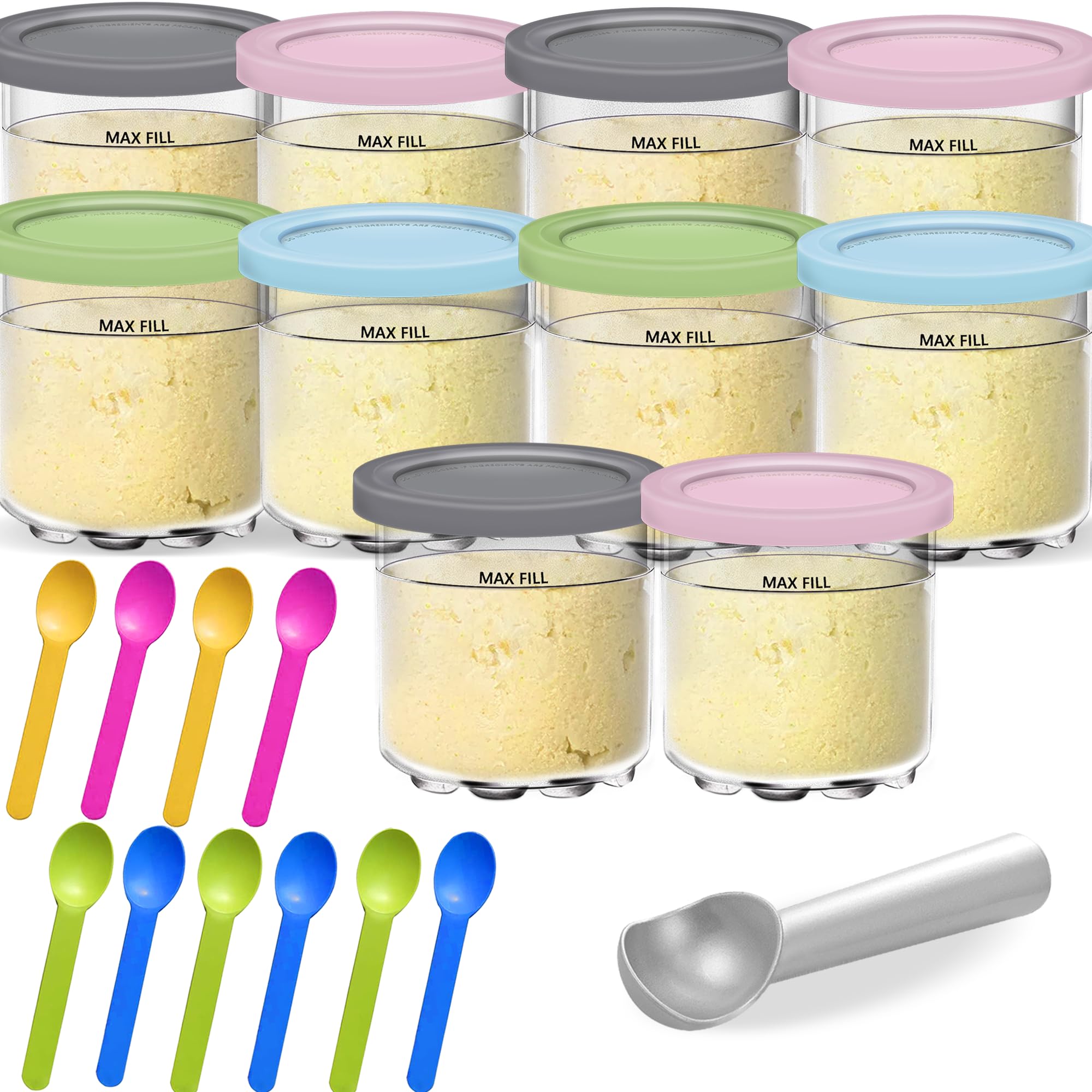 Creami Pints and Lids for Ninja - 10 pack Creamy Icecream Containers Cups Tubs Set, Smoothie Pot Compatible with NC299AMZ NC300s Series Creamer Ice Cream Maker Machine Accessories Replacement Parts