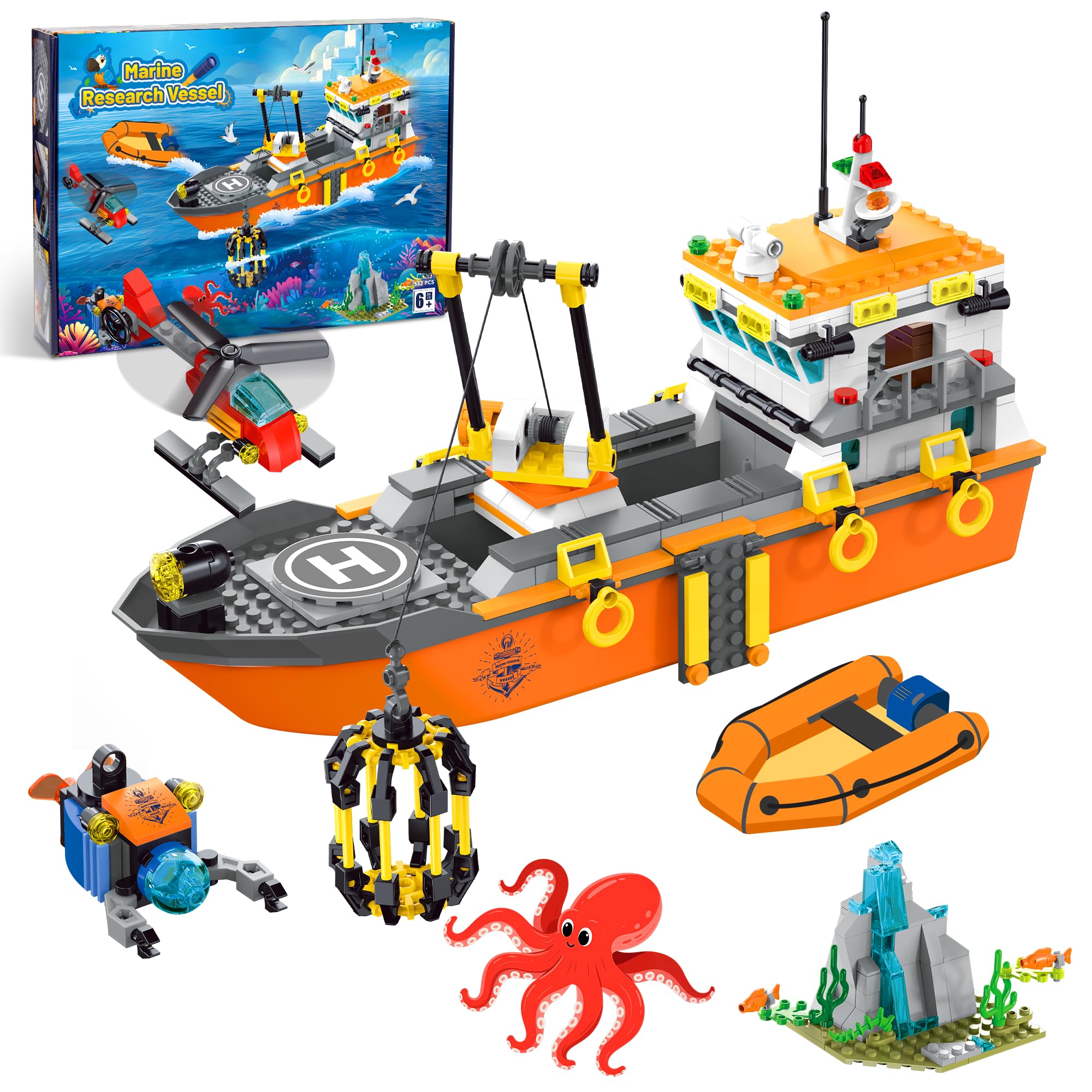 City Ocean Explorer Ship Building Set, Exploration Boat Set Toy Building Block with LED Lights, Helicopter, Submarine and Shark Cage, Birthday Gifts for 6 8 10 12 Years Old Boys Kids Girls