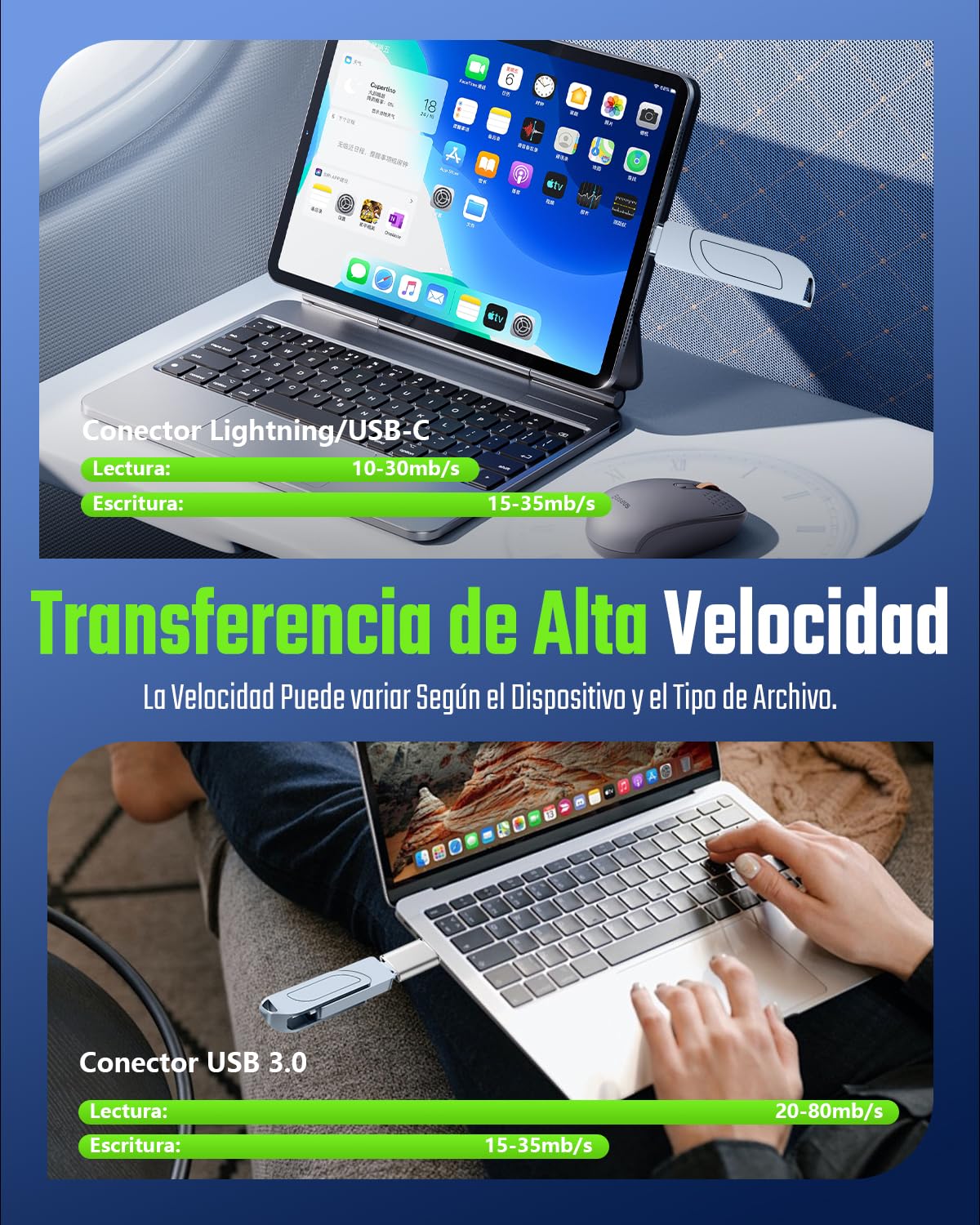 [Sin App] Pendrive 256GB para iPhone, MFI Memoria USB C,Lightning,USB 3.0 | 3 en 1 Memoria Externa para iPhone,iPad,Movil Android OTG,Mac,PC,Flash Drive Transfiere Fotos,Vídeos y Datos,Gris