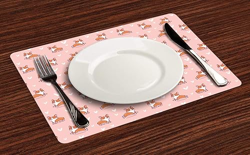 Ambesonne Dog Lover - Juego de 4 manteles individuales de tela lavable para mesa de comedor, tamaño estándar, diseño de Corgi saltando y corriendo y