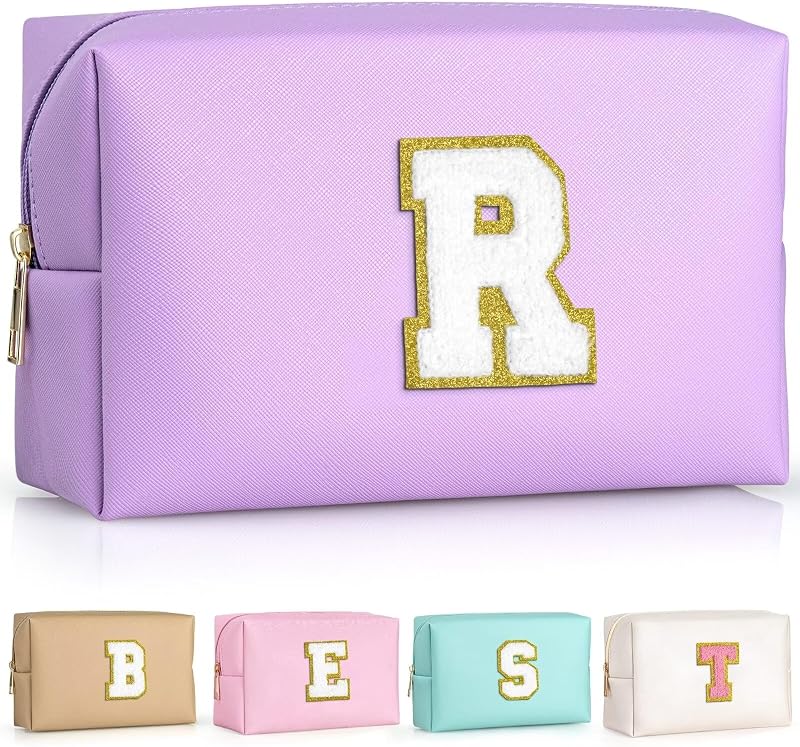 Necessaire de maquiagem TOPEAST em couro PU, roxa, com patch de letra e zíper, modelo R