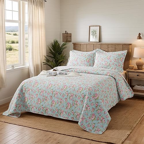 Brandream Juego de edredón tamaño Queen de algodón con diseño floral desgastado de 3 piezas, colcha romántica reversible