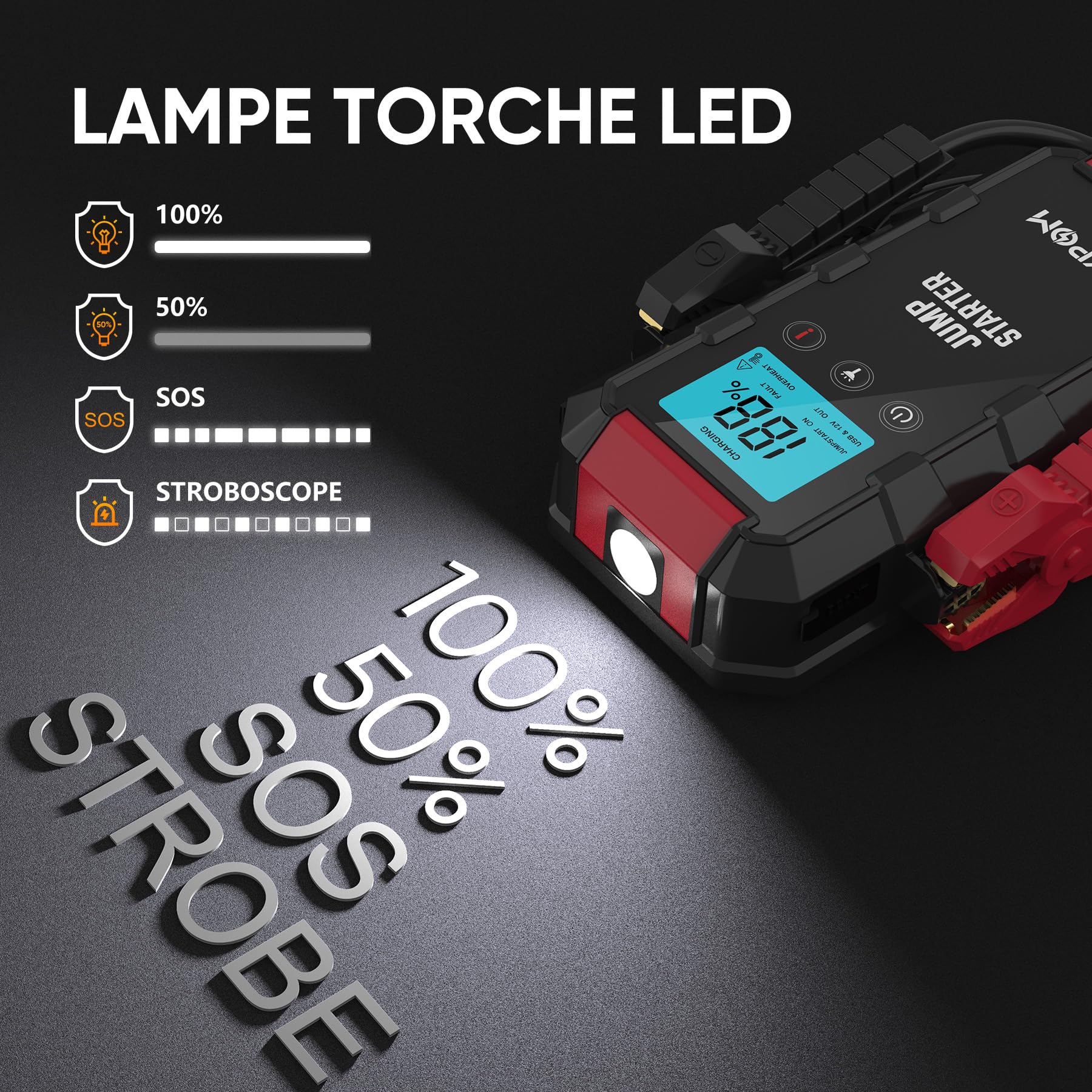 Démarreur de batterie automatique 6 000 A, démarreur d'urgence (jusqu'au gaz et 12 L diesel), 12 V, lampe de poche LED, booster de démarrage