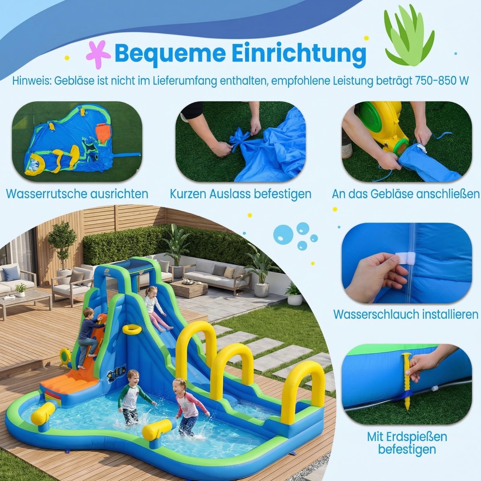 COSTWAY Hüpfburg mit Rutsche, Planschbecken, Kletterwand, Basketballkorb & 2 Wasserkanonen, Wasserhüpfburg für Kinder, Wasserpark für Außenbereich, 465 x 345 x 242 cm