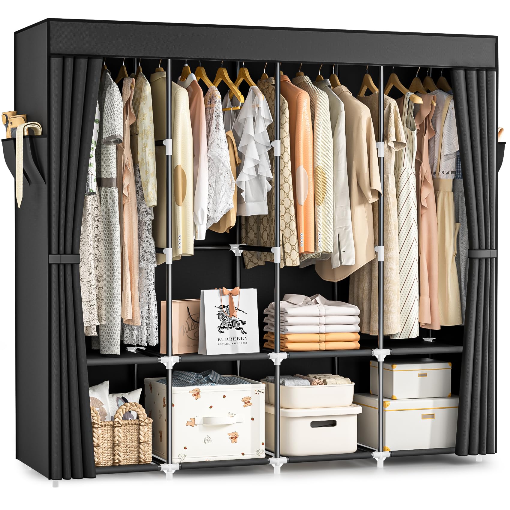 Wardrobe Closet, 66 Inch Portable Closet for Hanging Clothes, Large Capacity Clothes Rack Organizer with Cover & 4 Hanging Rods & 8 Storage Shelves & 2 Side Pockets (Black)