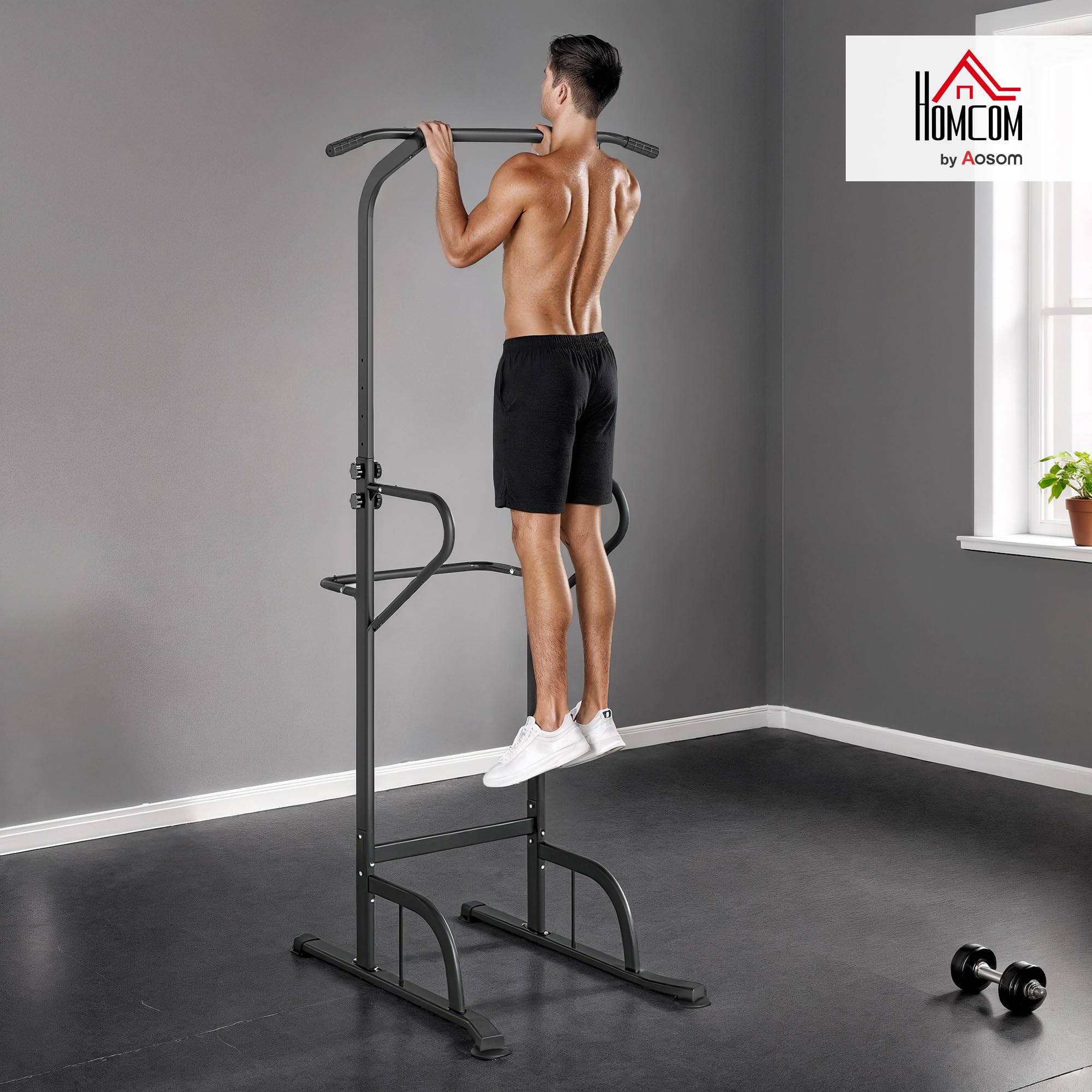 HOMCOM Station de Musculation Multifonctions Barre de Traction Chaise Romaine Hauteur réglable Acier Noir Rouge