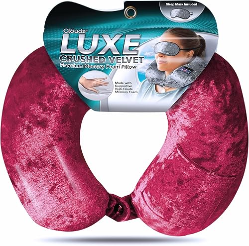 Miniatura 2 de Cloudz Luxe Crushed Velvet Ultra Premium Comforlite Almohada de cuello de viaje en avión con máscara de dormir lujosamente suave a juego, color rojo