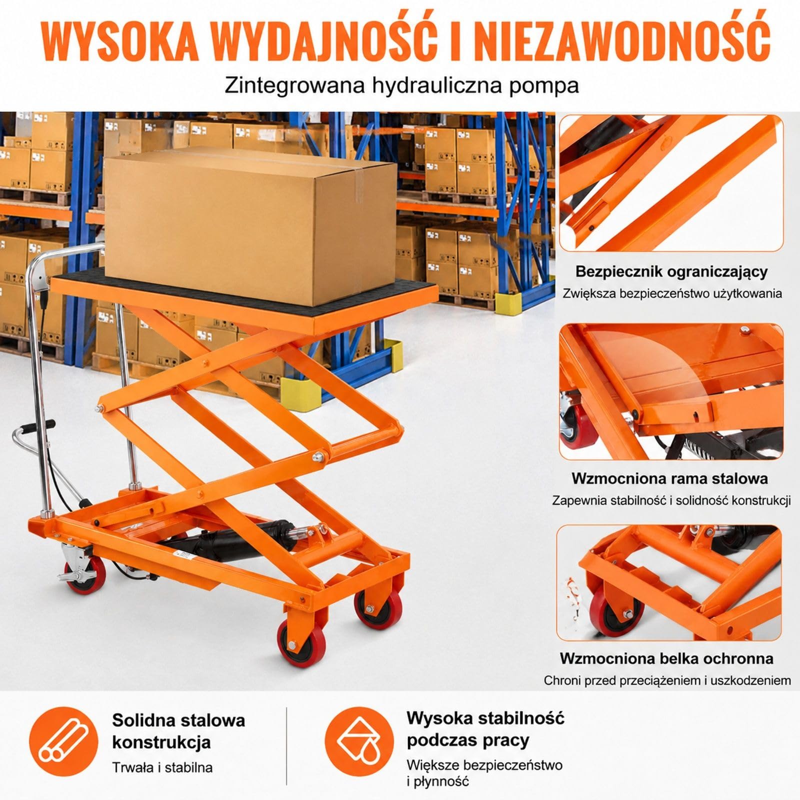 Hydrauliczny wózek stołowy, ręczny podwójny podnośnik nożycowy z 4 kołami do obsługi i transportu materiałów