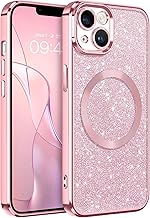 GUAGUA iPhone 14 Case, Case for iPhone 14 Magnetic Case Compatible with MagSafe, Glossy Glitter Transparent Shockproof Corner Slim TPU Silicone Cover, Pink