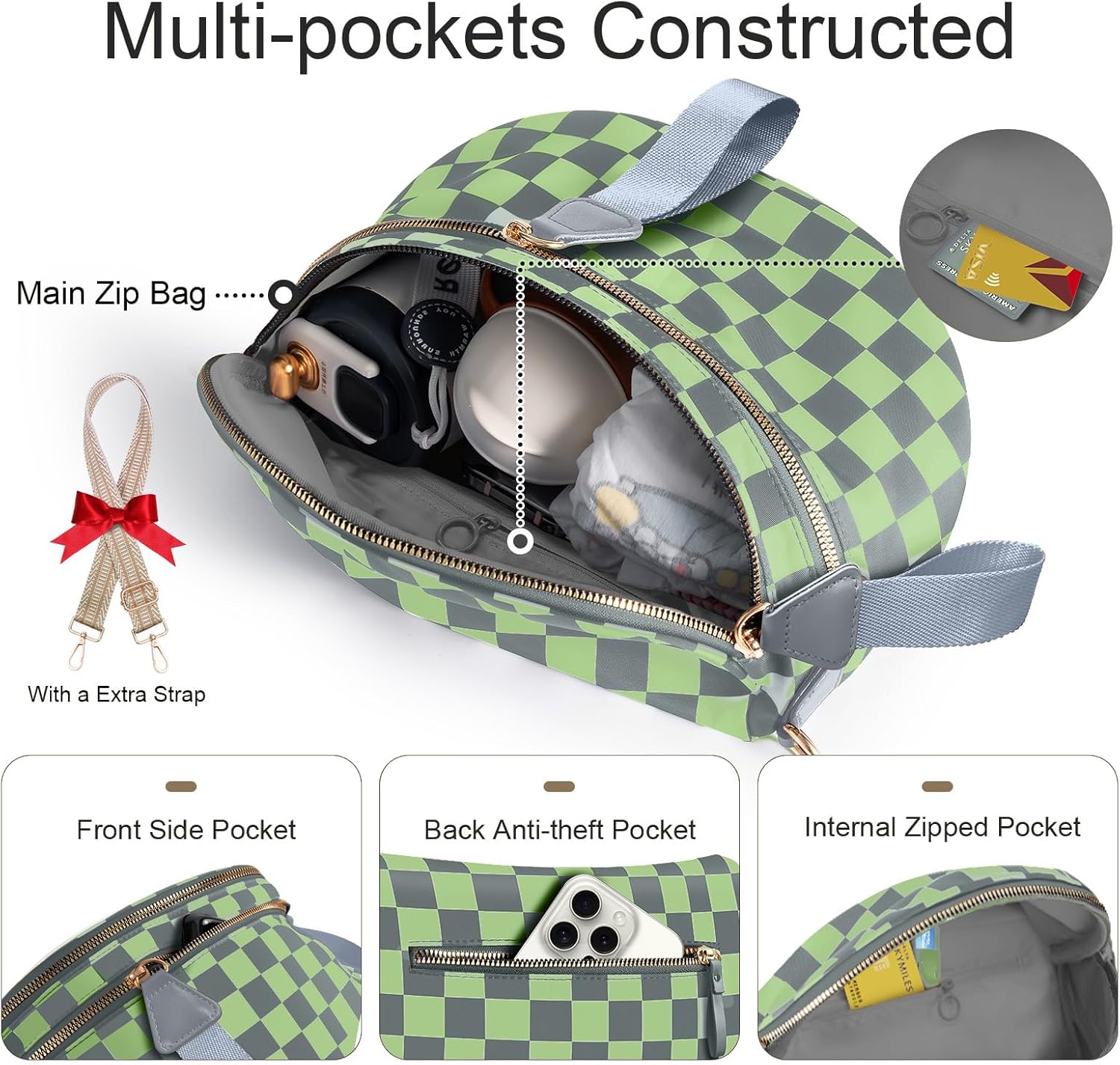 Bum Bags for Women Checkered Crossbody Bag Large Nylon Belt Purse Fanny Packs, Bonus with a Extra Strap - Image 4