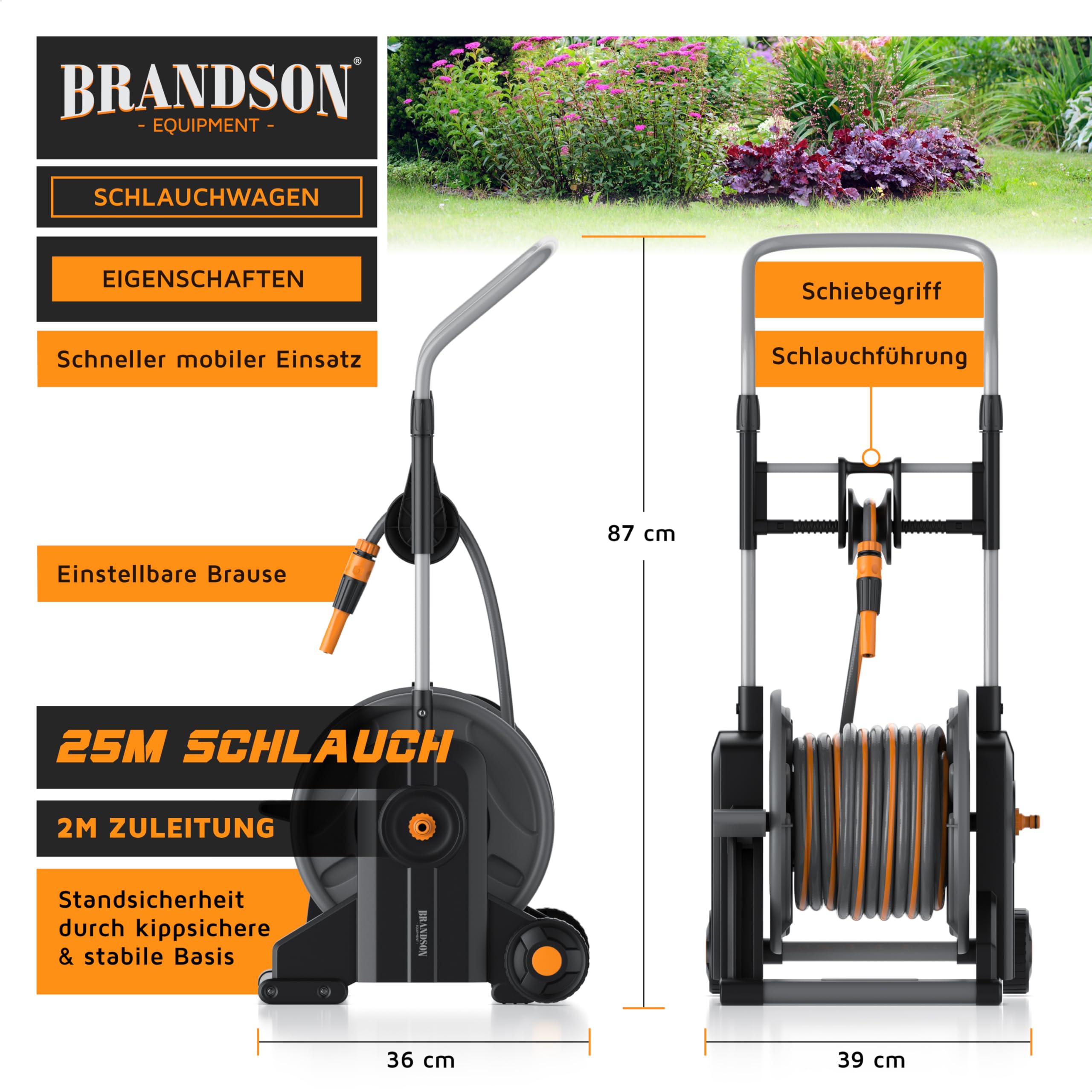 Brandson - Garten Schlauchwagen mit Schlauch/Schlauchtrommel inkl. Gartenschlauch 25 m + 2 m Schlauch plus Zuleitung – 3/4 Zoll - automatische Schlauchführung - Aufrollhilfe – Gardena kompatibel