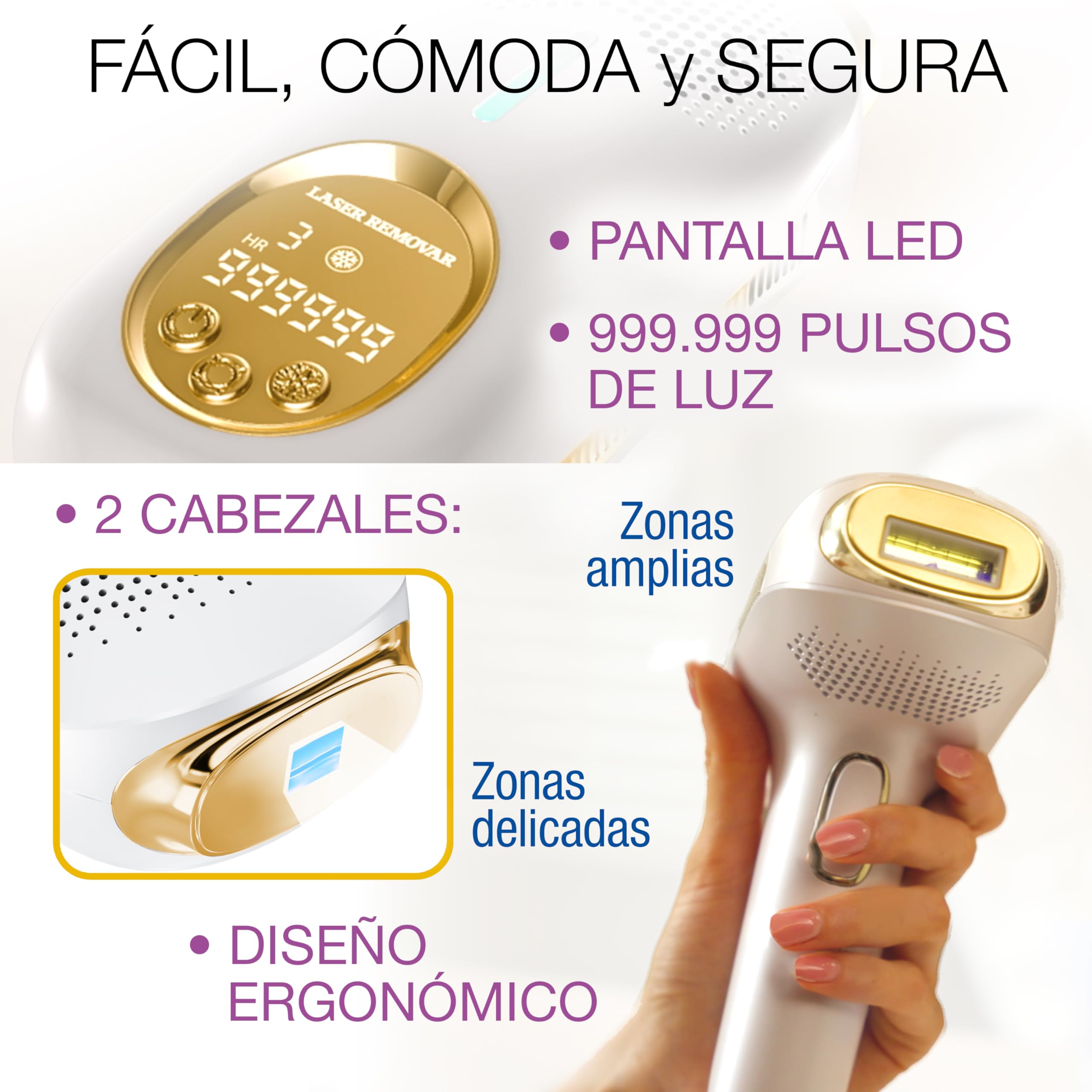 Bye Bye Depiladora IPL Tecnología de Luz Pulsada - 9 Niveles de Intensidad + Modo Frío - 3 Funciones: Depilación, Antiacné y Rejuvenecimiento - 2 Cabezales + Gafas Protección - Ligero, agarre fácil
