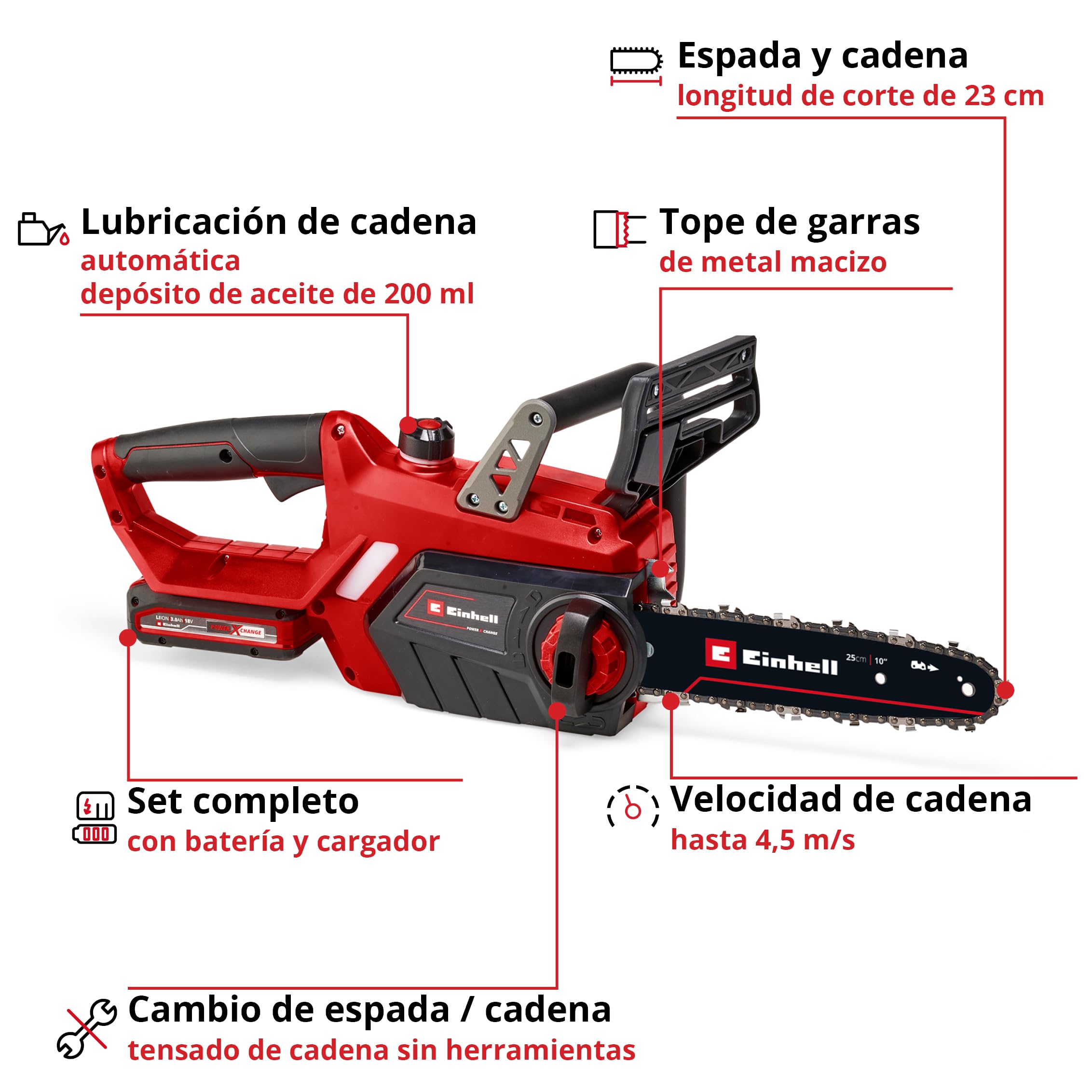 Einhell Motosierra con batería GE-LC 18/25-1 Li Kit Power X-Change (18 V, 23 cm de longitud de corte, 4,5 m/s velocidad de cadena, lubricación de cadena automática, incl. 1x 3,0 Ah + cargador)