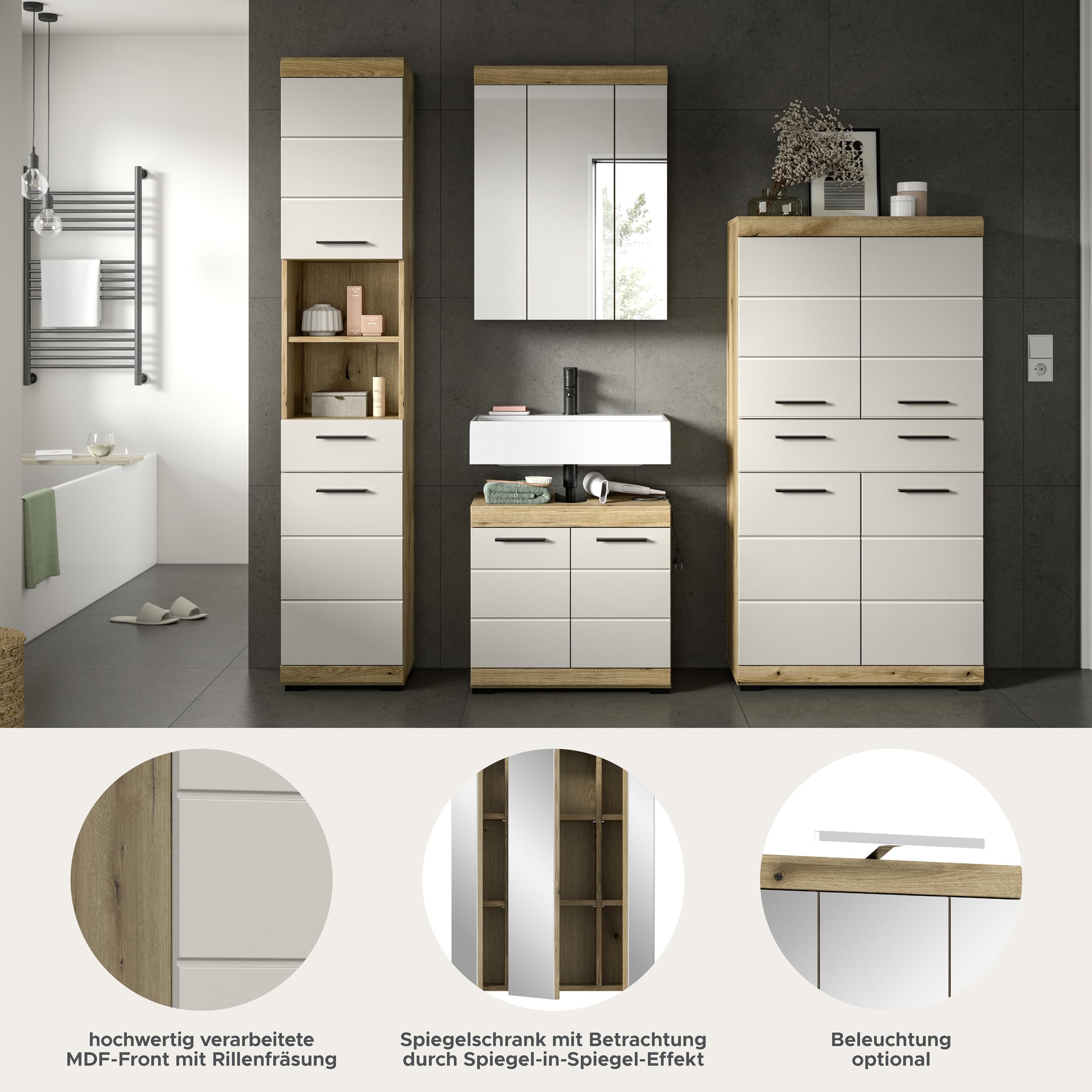 xonox.home – Badkombination Scout 201x191x34 cm in Evoak Oak und Kaschmir Nachbildung matt – Geräumiges Badmöbel-Set mit eleganter Farbgebung – edel – Bild 8