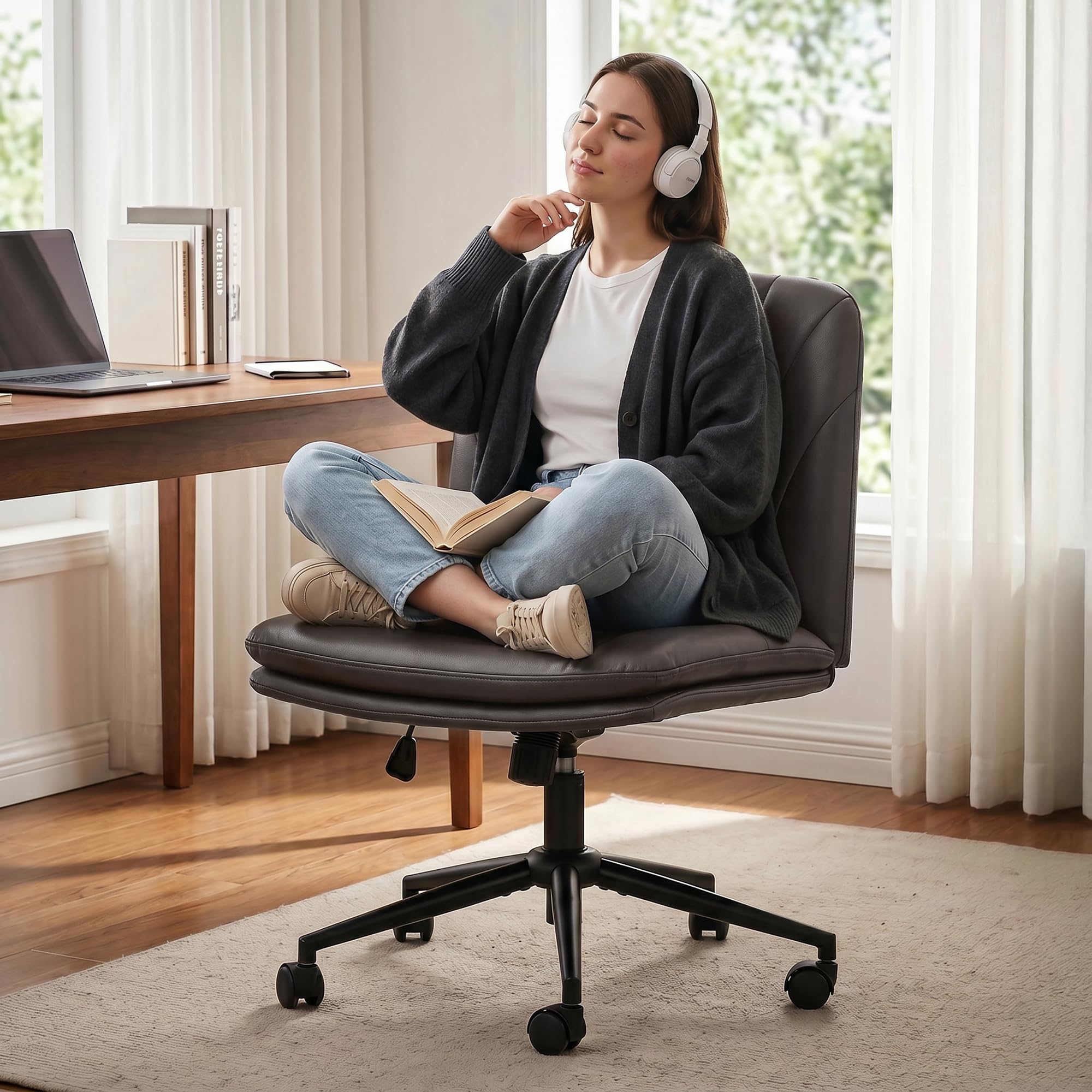 DROGO Zen Cross Legged Office Chair for Work at Home, Pu Leather Accent Chair for Long Hours Sitting Comfort, Armless, Adjustable Height & Tilt Lock Recline | Computer Chair for Home Office(Brown)