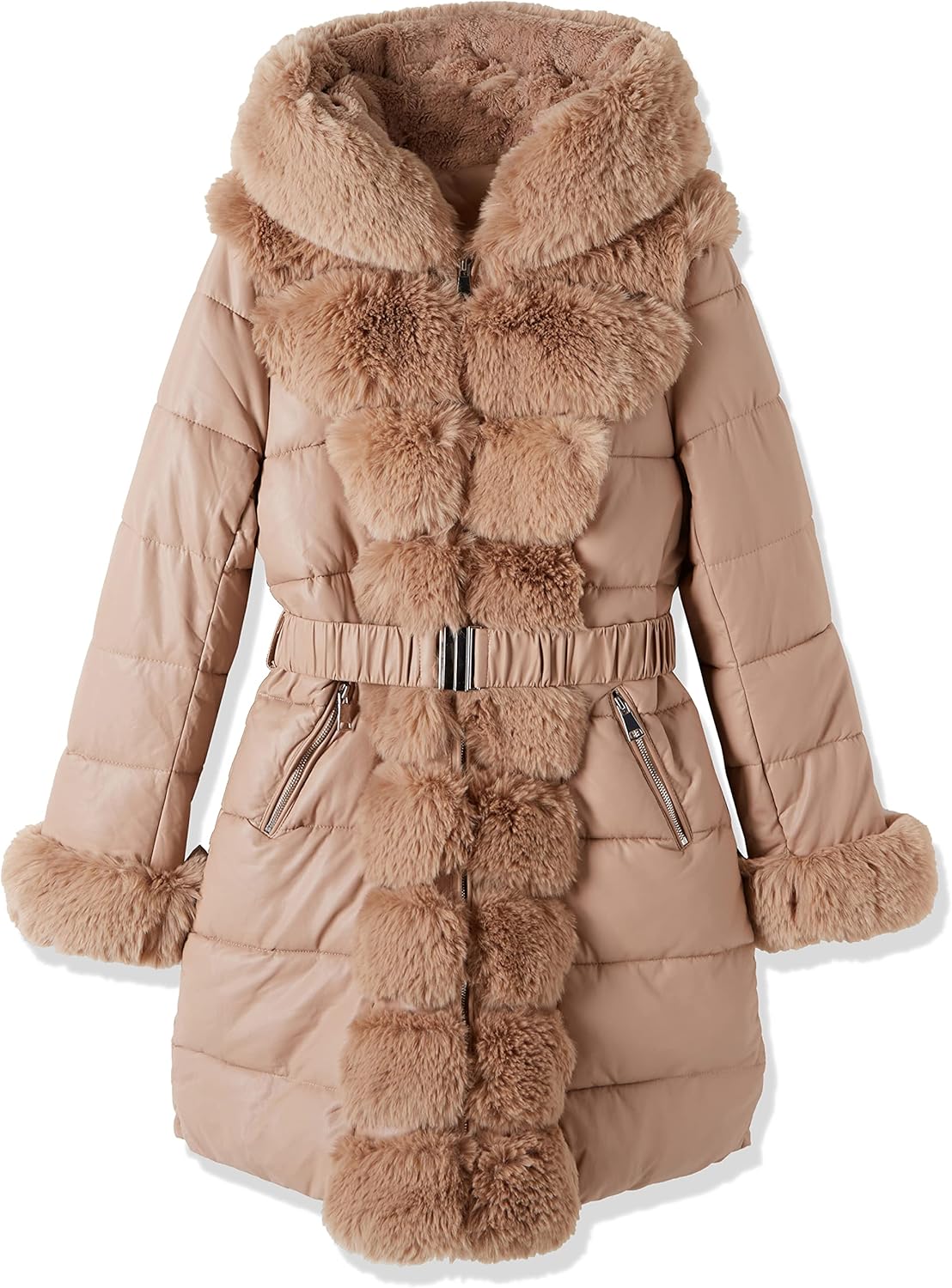 Bellivera Women Faux Leather Winter Trendy Puffer Jacket Water-Resistant Thicken Bubble Coat with Fur Hood and Belt - Image 7
