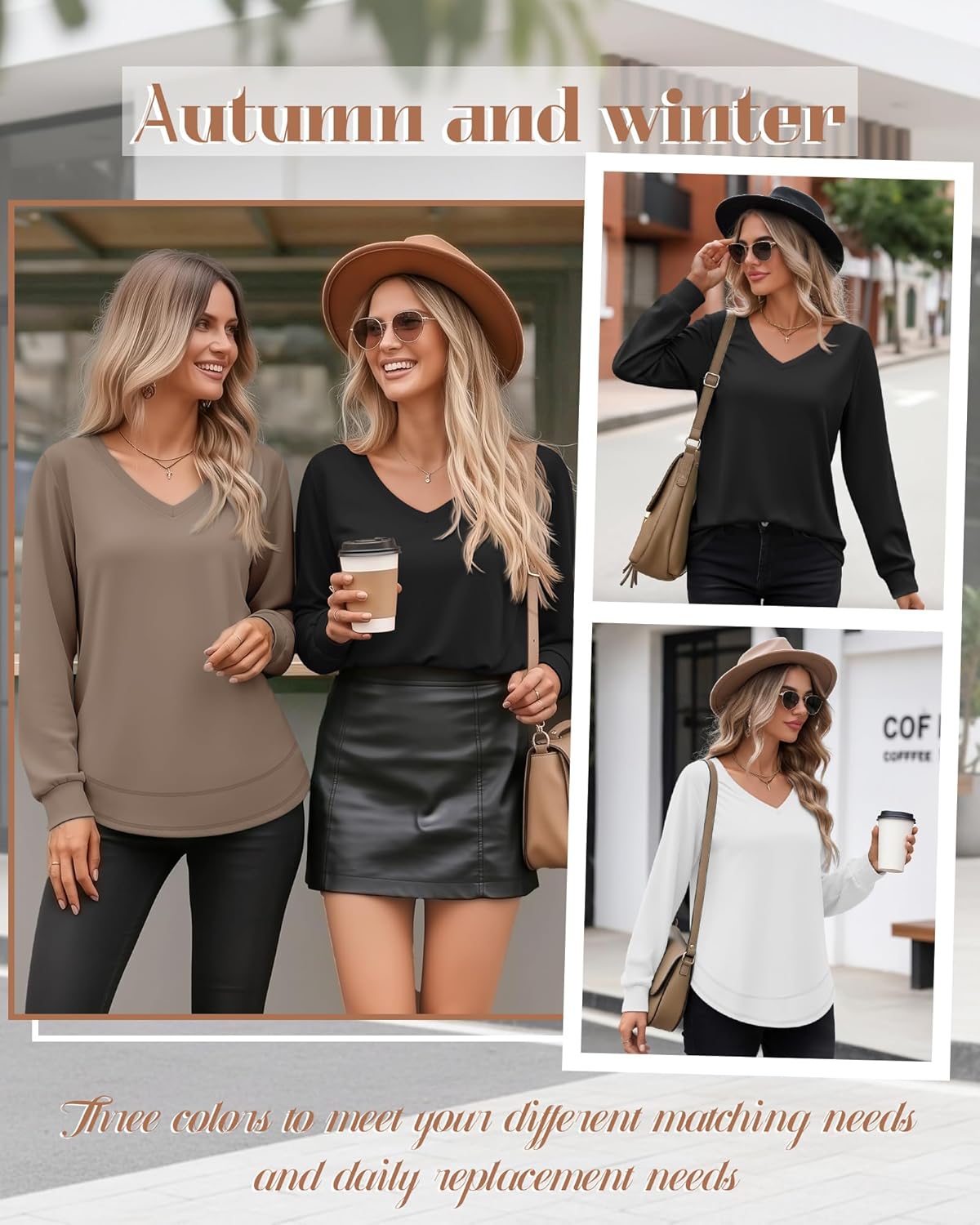 Riyiper 3 Pack Women's Long Sleeve Sweatshirts, Cotton V Neck Tops Loose Fit Curved Hem Tunic Tops Basic Casual Fall Shirts - Image 3