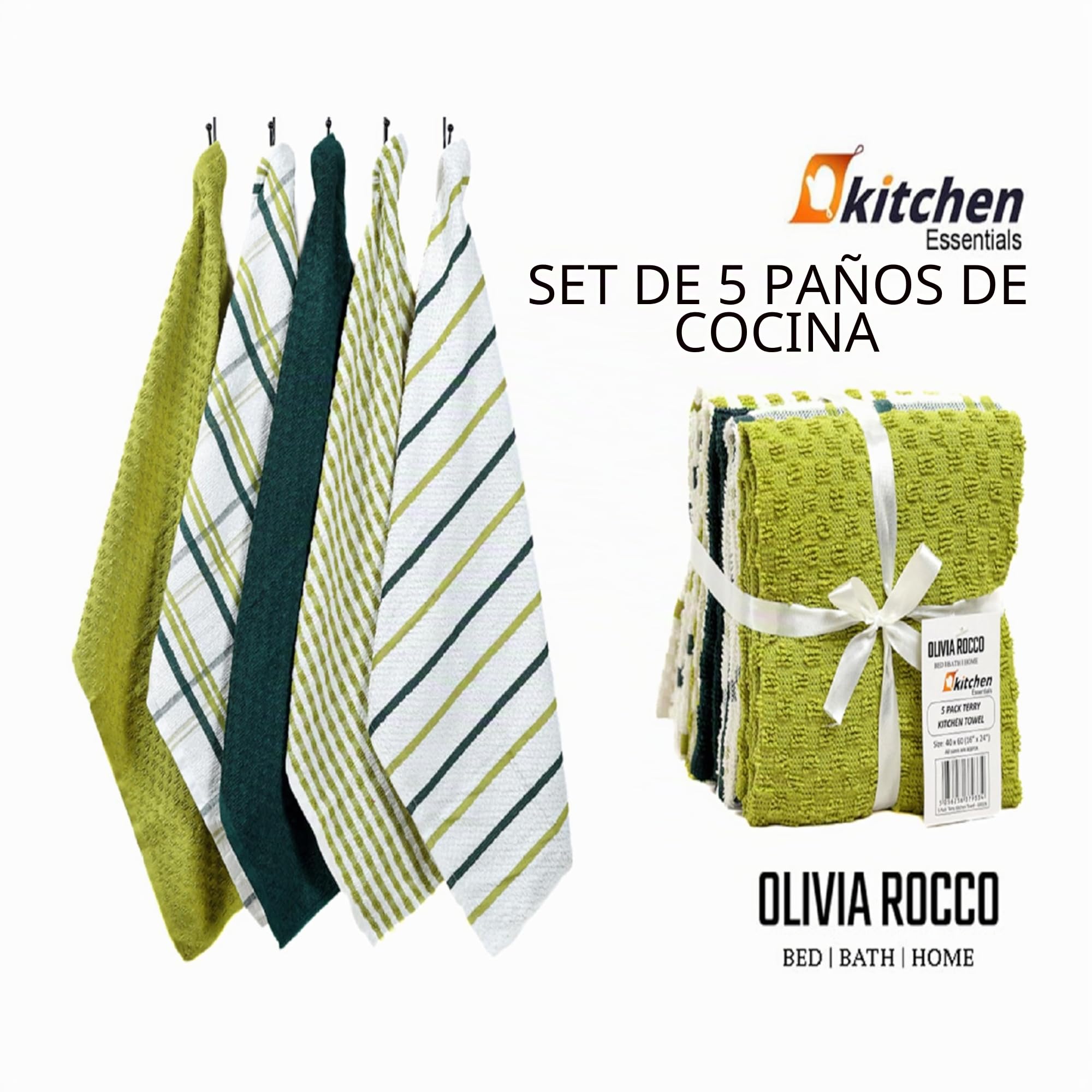 Olivia Rocco - Pack de 5 paños de cocina de rizo de algodón, súper absorbentes, de secado rápido y suaves, color verde salvia