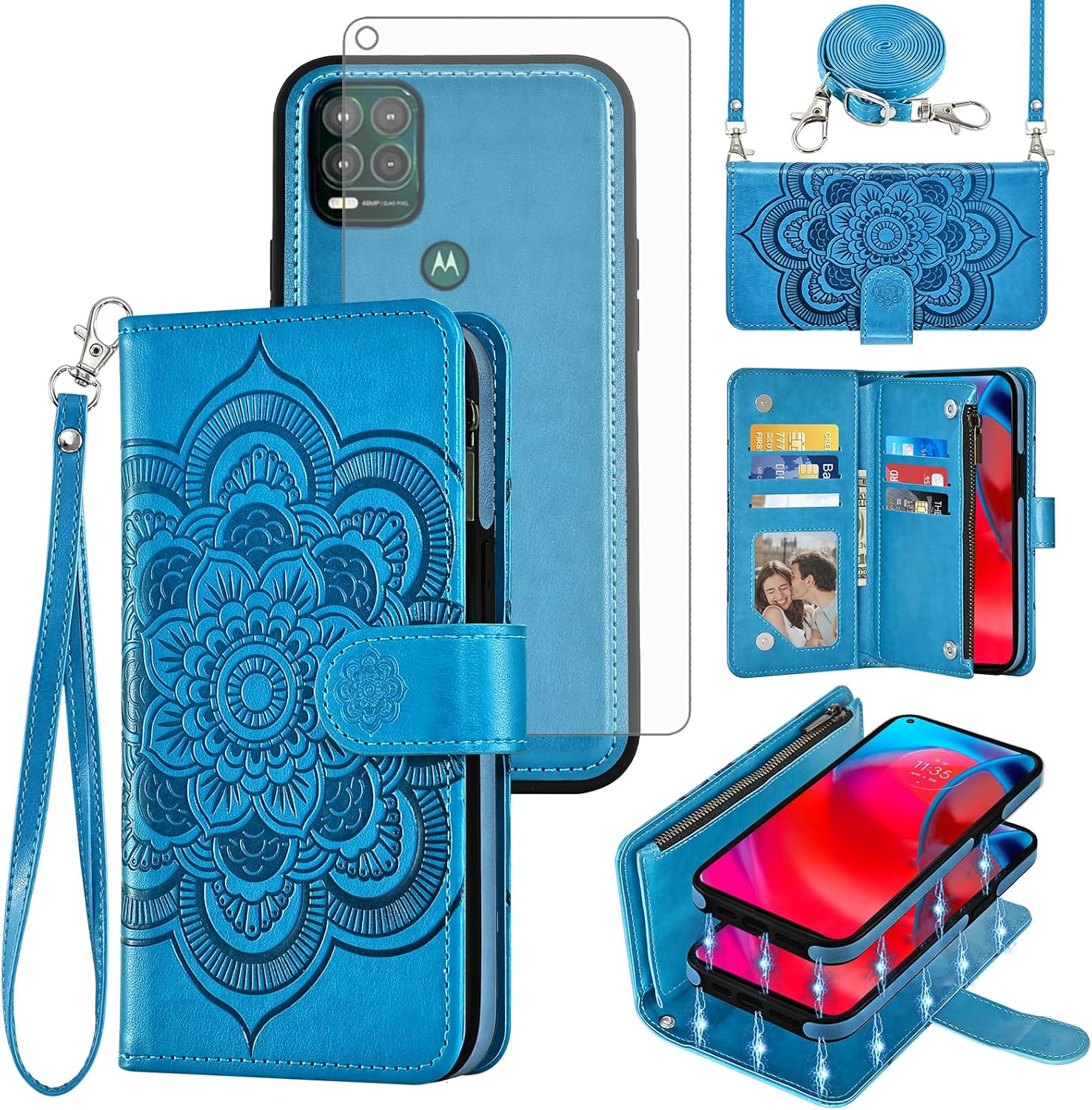 Asuwish Phone Case for Moto G Stylus 5G 2021 Zipper Wallet Detachable Cell Cover with Tempered Glass Screen Protector Crossbody Strap Flower Card Holder Motorola GStylus G5 XT2131DL Women Girls Blue