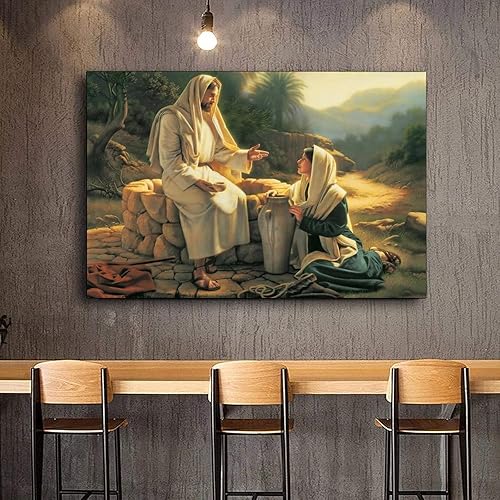 Miniatura 3 de VJS Póster de Jesucristo hablando con la mujer samaritana, pintura decorativa, lienzo, arte de pared, póster de sala de estar, dormitorio, 16 x 24