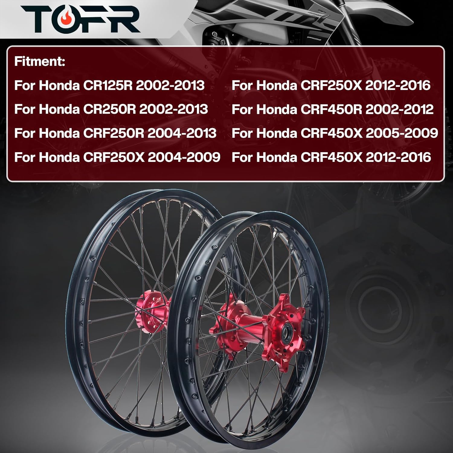 TOFR 21" 19" Front Rear Wheel Rims Hubs Set for Honda CRF250R 2004-2013 CRF450R 2002-2012 CRF250X 2004-2009 CRF450X 2005-2009 CRF250X CRF450X 2012-2016 CR125R CR250R 2002-2013