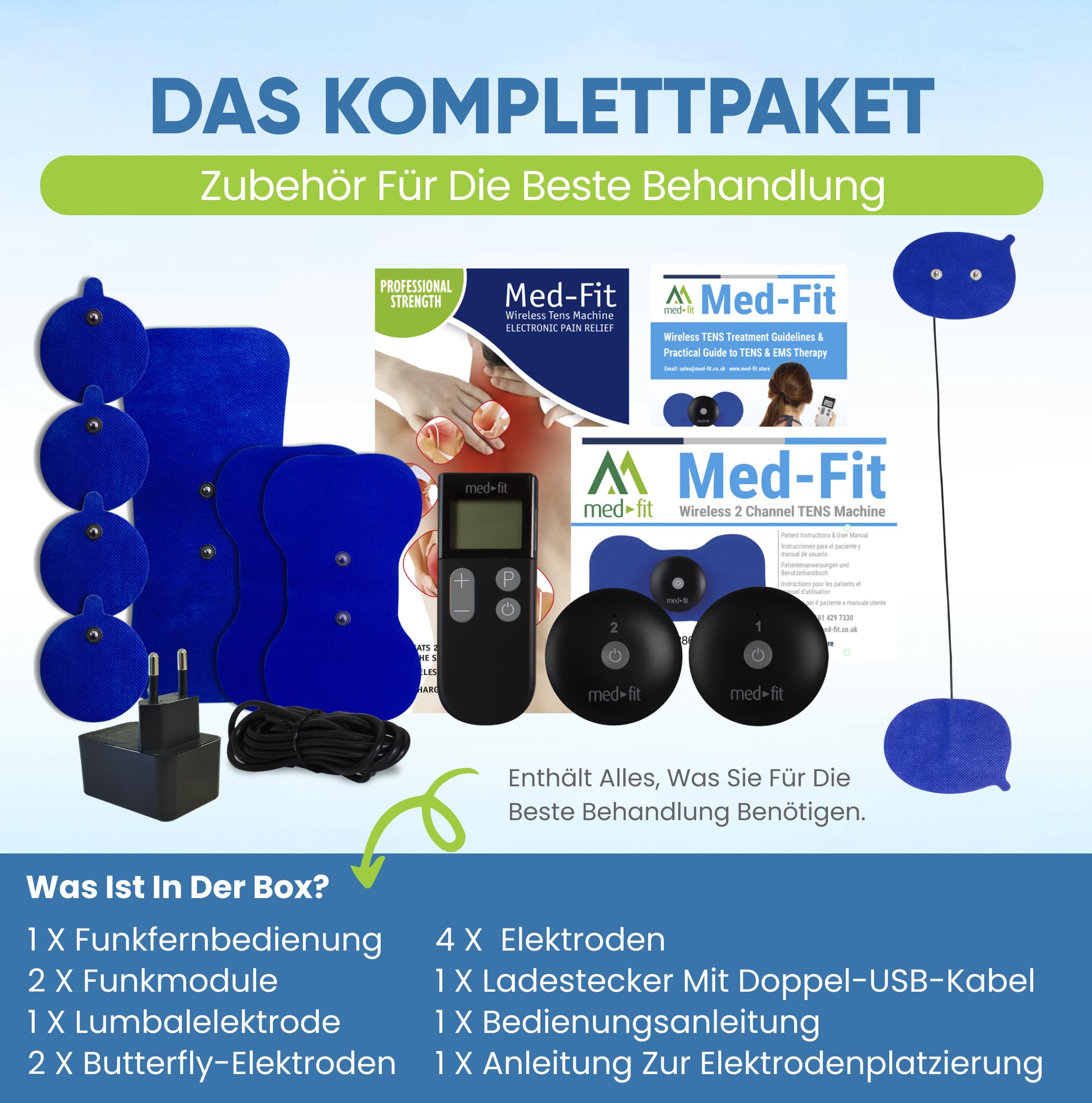 Medfit 2 ® Professionelle kabellose Zweikanal TENS Maschine & Muskel-Stimulator. Zwei kabellose TENS Module für sofortige und gezielte Schmerzlinderung. Die raffinierteste Technologie von TENS+. Benötigt keine Batterien und kein Kabel.