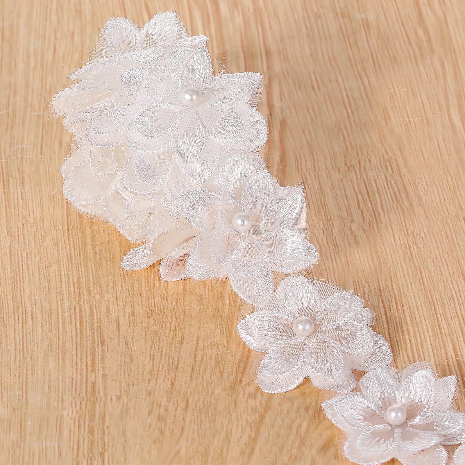 Organza Flower Trim 2 Yards Lace Edge Trim Ribbon, 3D Pearl Beads