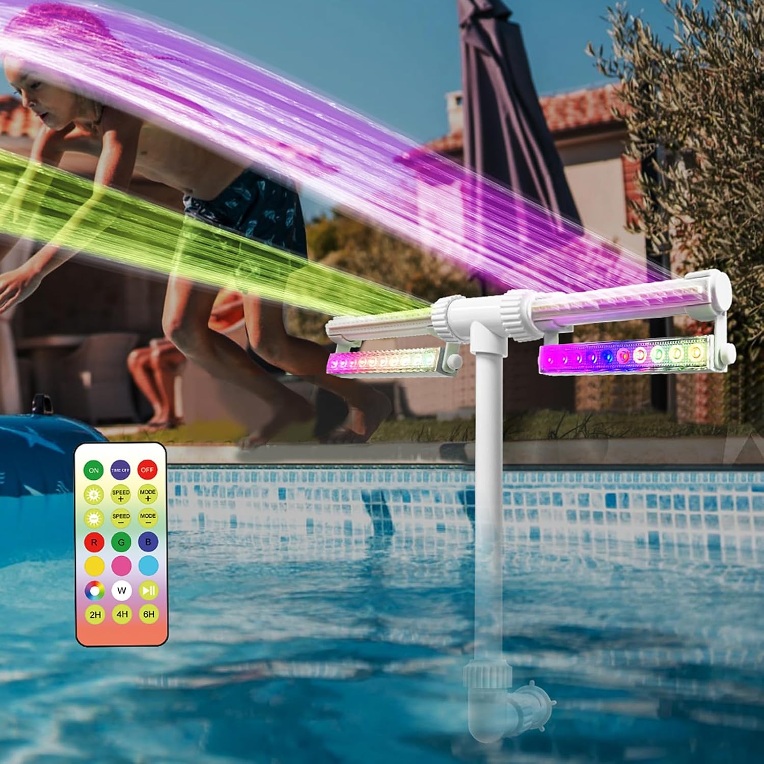 Solar Pools Fountain, Pool Fountains for Above Ground, Solar Waterfall Dream Colour Lights–40 Light Modes, Three Minutes Quick Installation, Adjustable Sprinkler for Relaxation & Cooling 6-10°F