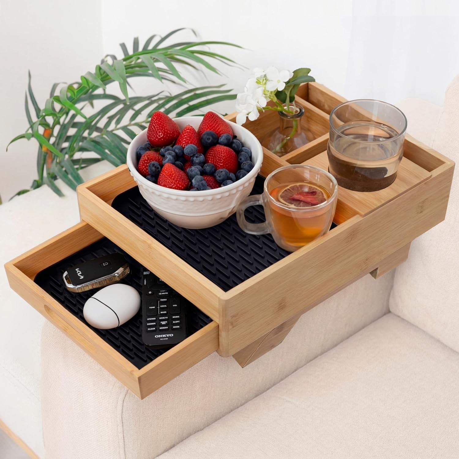 7-in-1 Sofa Armrest Tray with Drawer, Clip-On Side Table for Wide Armrest, TV Organizer with Cup Holder, Phone Stand, Remote Storage, Drinks, Snacks, and Accessories