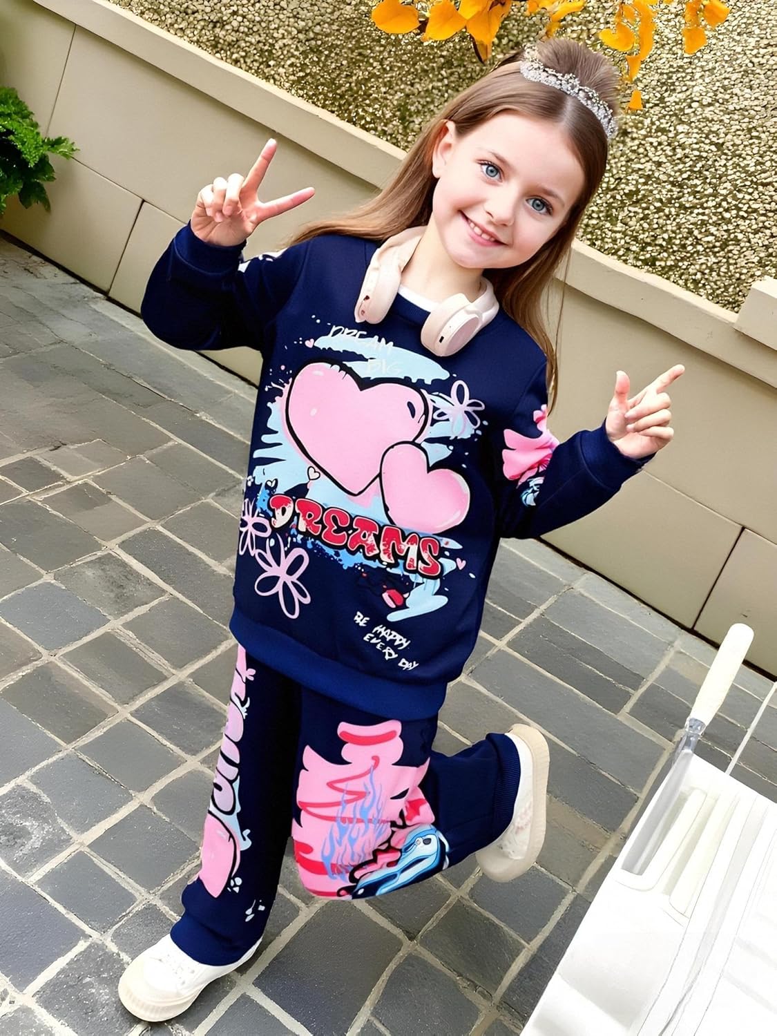Kids Toddler Girl Clothes Heart Letter Print Long-sleeved round collar top+Letter Print Pants Outfits Set Blue-a 5-6 Years image 5 of 8 B0DP7VPTQB