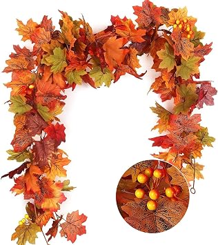 RECUTMS 2 Pack Fall Garland Maple Leaves Outdoor 5.8Ft/Pieces Fall Hanging Vine Garland Autumn Foliage for Thanksgiving Dinner Christmas Halloween Fireplace Door Mantle Garden Fence Porch Arch Decor