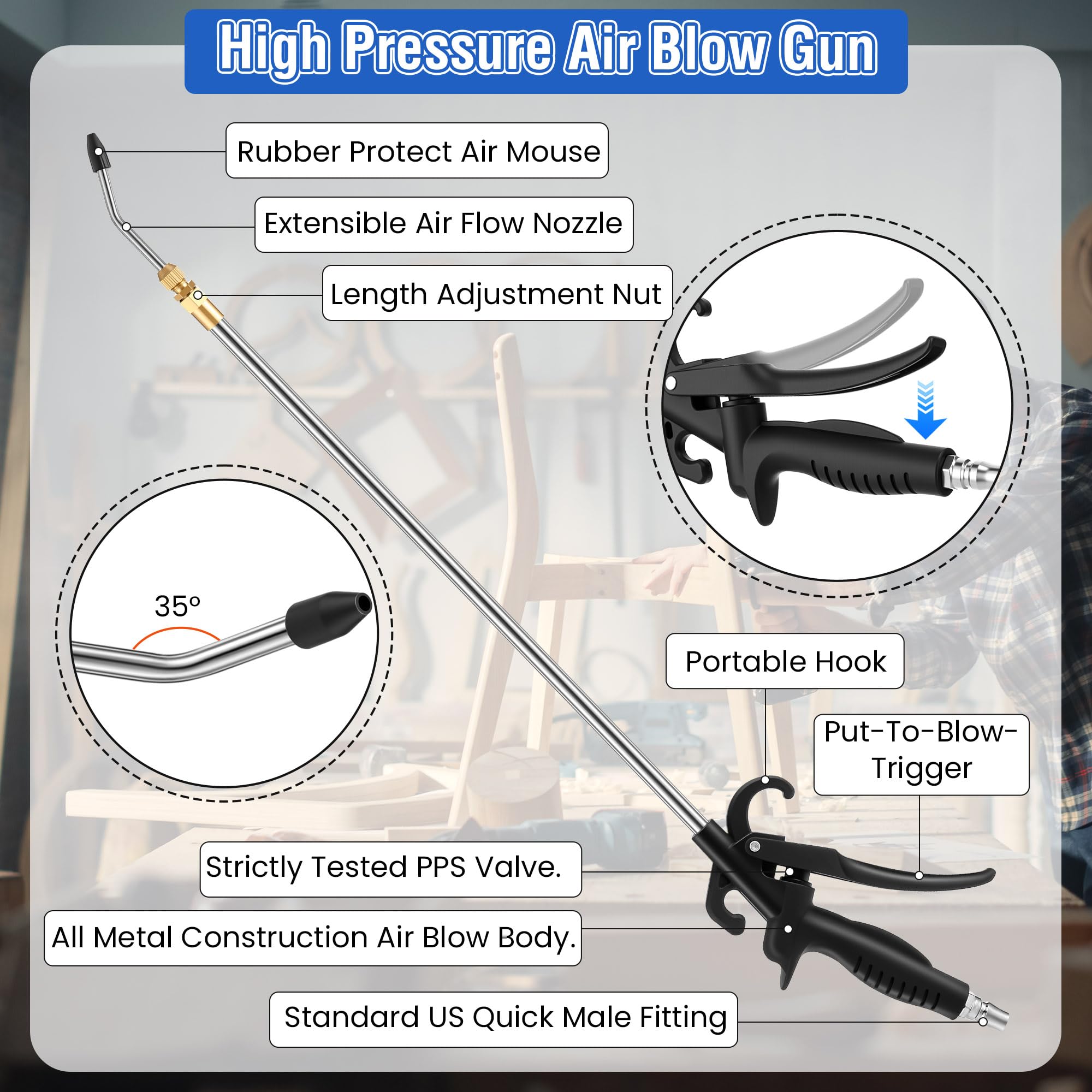 Pistola ad aria ad alta pressione, prolunga da 69-106 cm, ugello ad aria lunga con ingresso NPT da 1/4" e impugnatura a leva, strumento pneumatico industriale resistente per accessori per