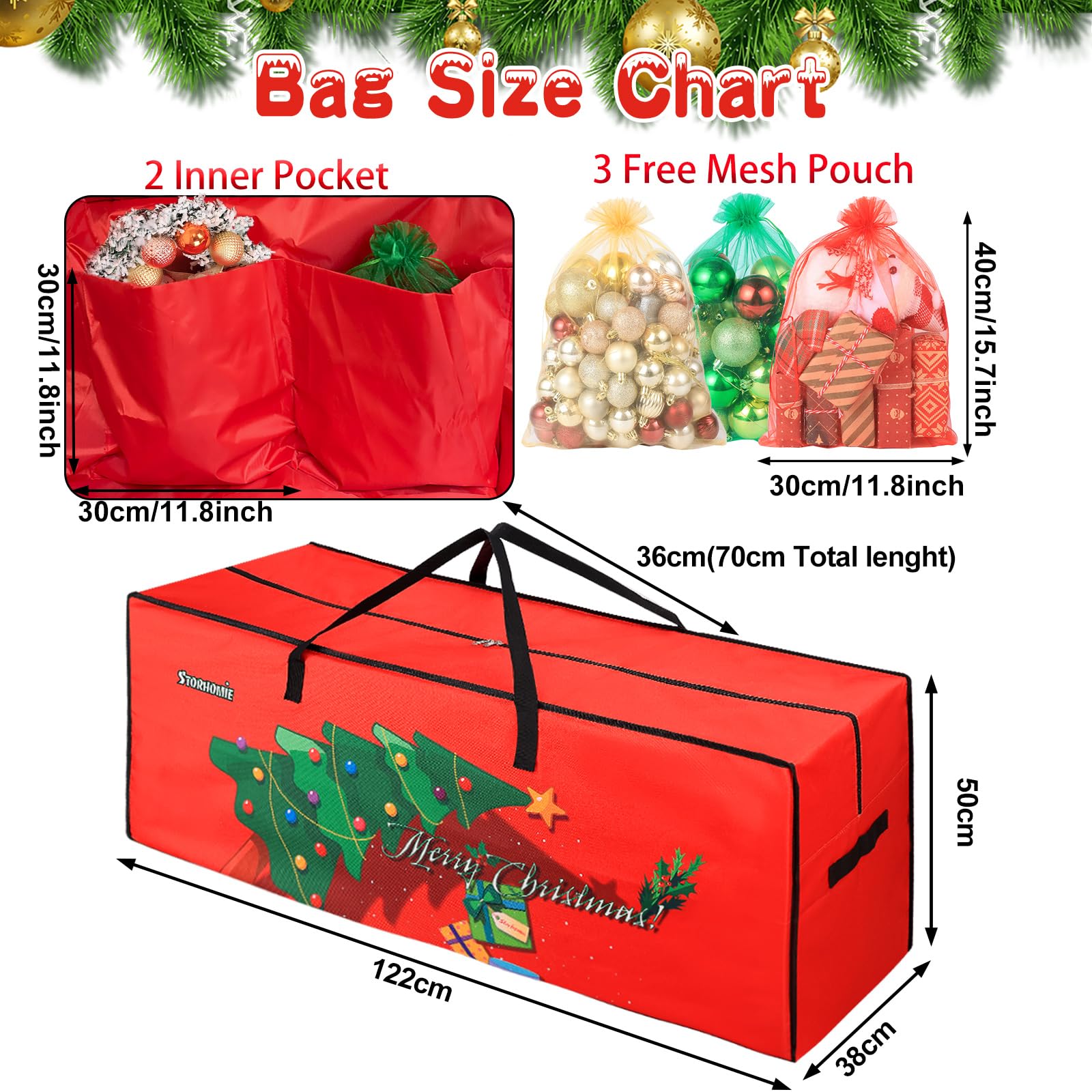 Christmas Tree Storage Bag 2-3FT 600d Oxford Fabric Small Christmas Tree Bag 3FT for Ornament Storage 85 X 45 X 25cm with 2 Christmas Decoration Storage Bag 30X40cm - Image 3