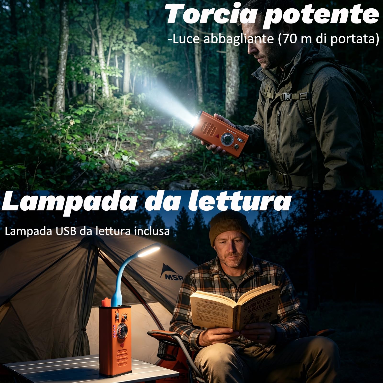 Radio a Manovella di Emergenza con Power Bank 4000mAh, Radio Solare Portatile AM/FM/WB, Torcia LED e Allarme SOS per Campeggio